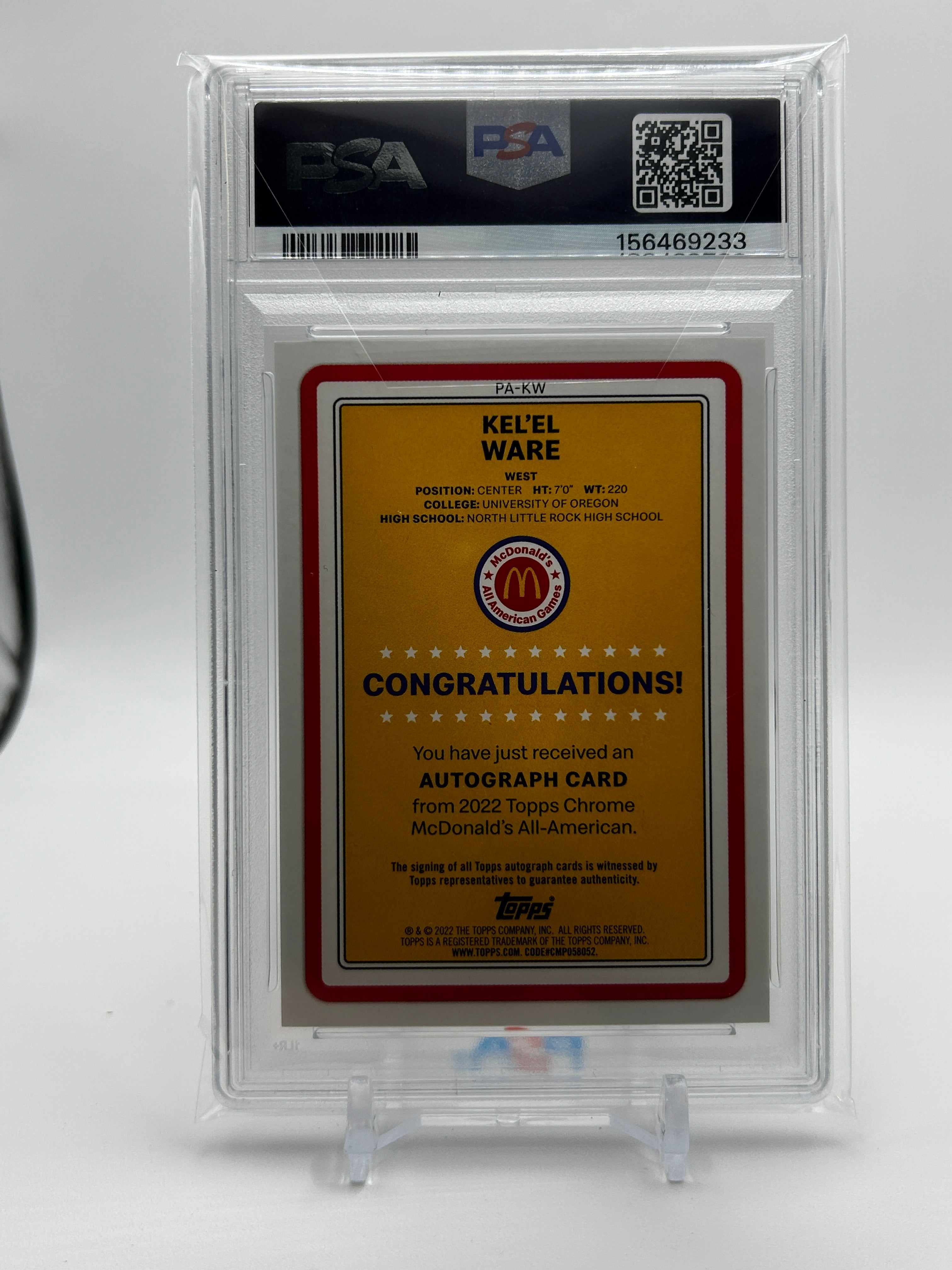2022-23 Topps McDonald's Chrome Kel'El Ware Gameday Paper Rookie Auto PSA 10