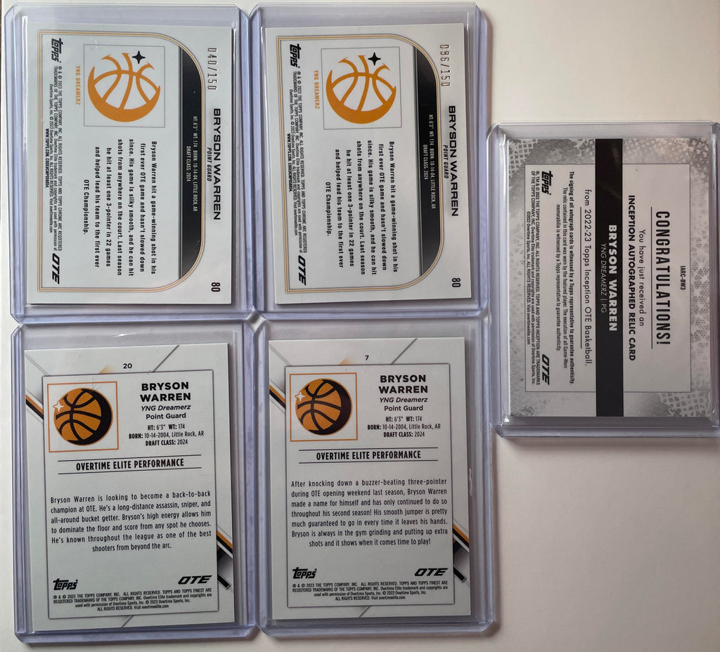 2022-23 Topps OTE Inception Bryson Warren Patch Auto /149 + Refractor Set (x22)