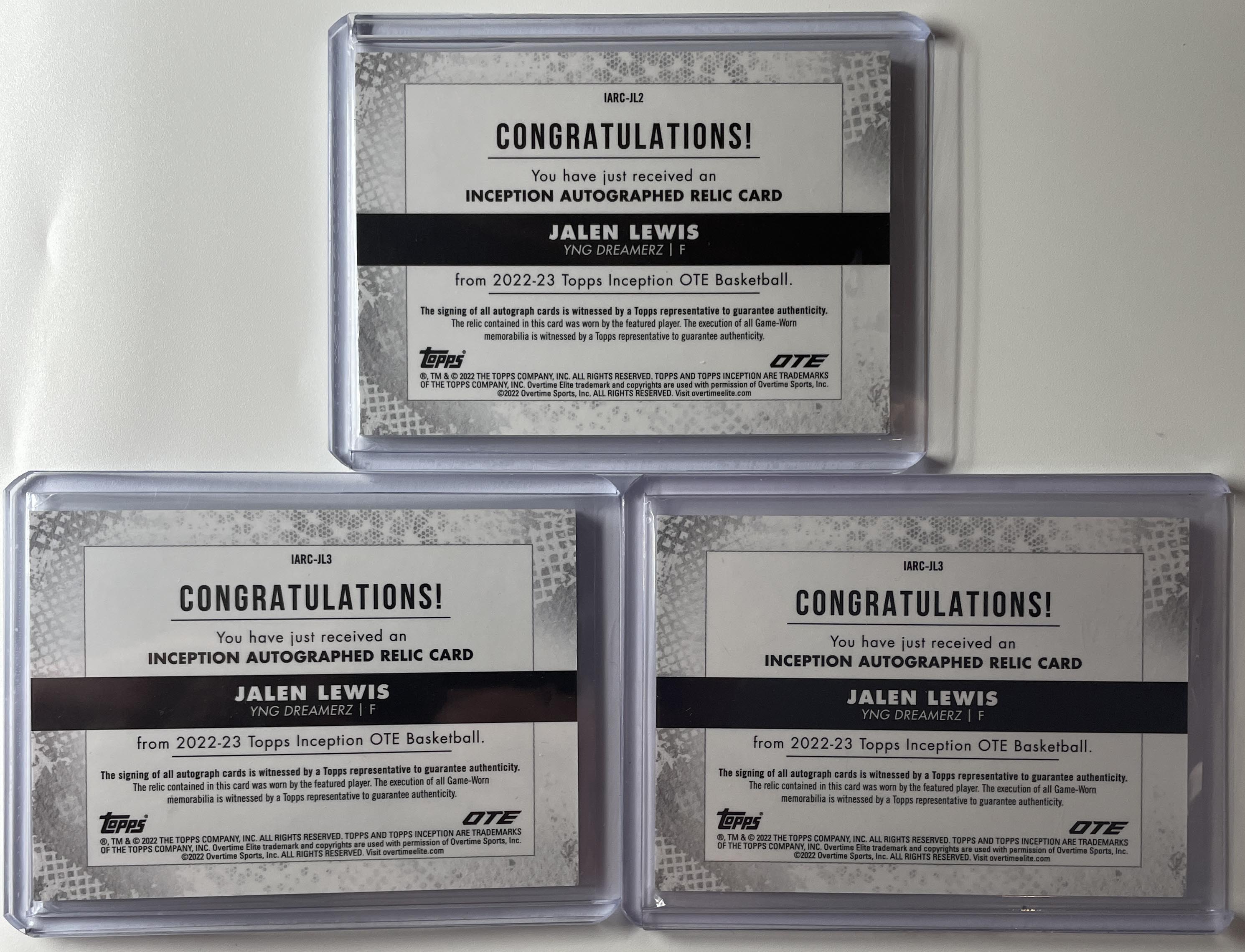 2022-23 Topps OTE Inception Jalen Lewis Patch Rookie Auto /149 Set (x3)