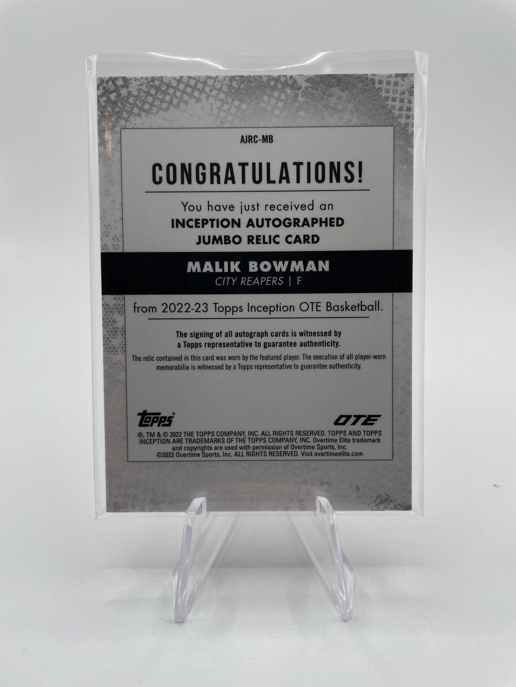 2022-23 Topps OTE Inception Malik Bowman Orange Jumbo Rookie Patch Auto /25