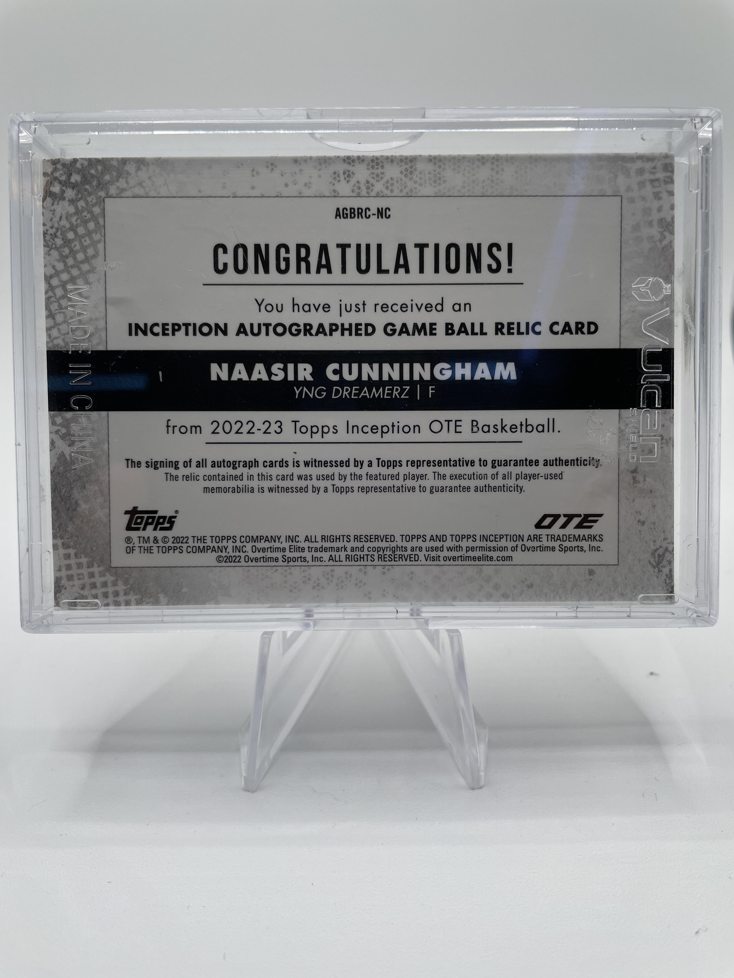 2022-23 Topps OTE Inception Naasir Cunningham Rookie Game Ball Relic Auto /5