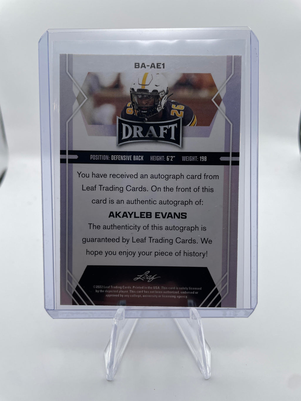 2022 Leaf Draft Akayleb Evans Grey Foil Rookie Auto #BA-AE1