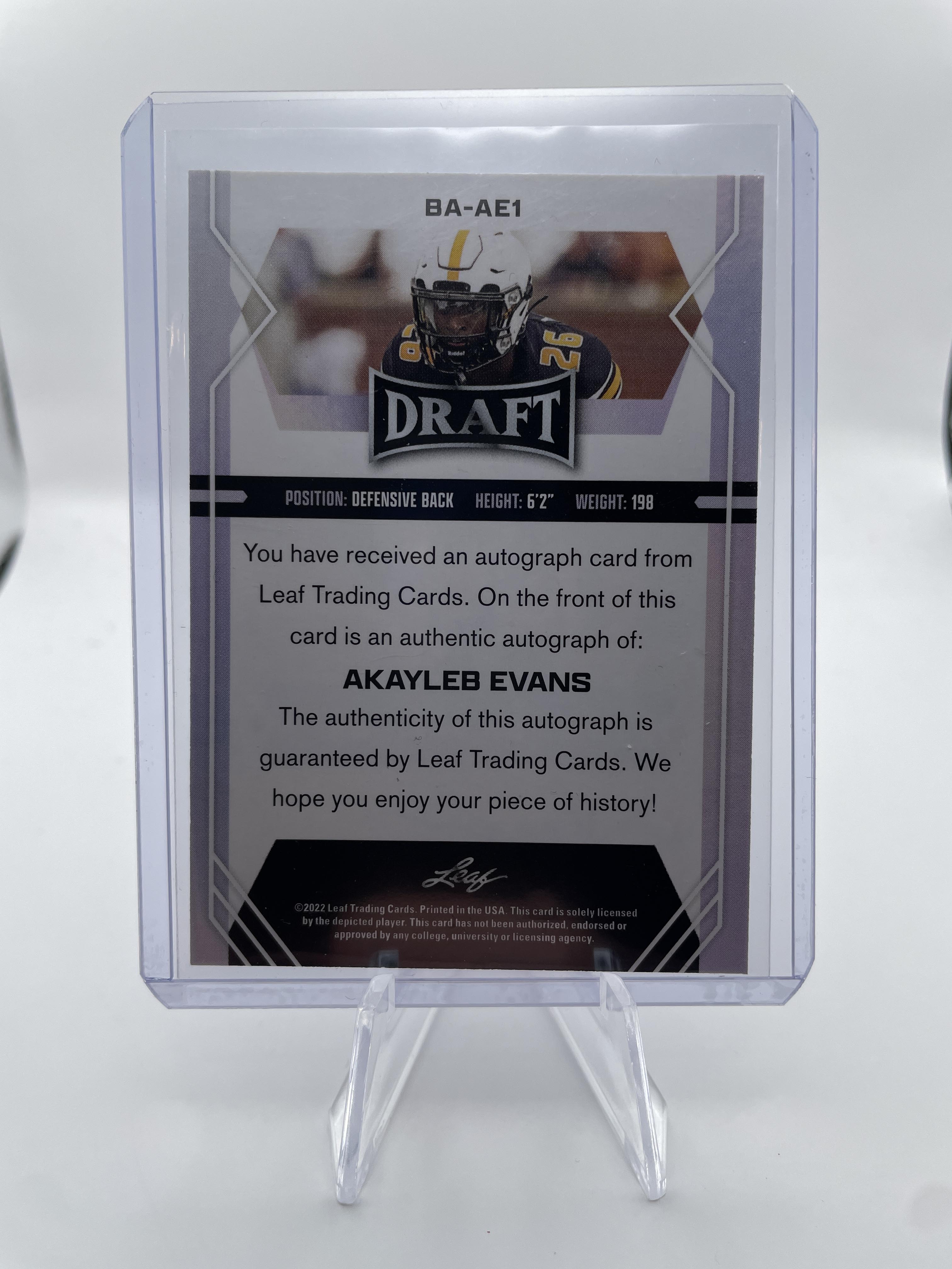 2022 Leaf Draft Akayleb Evans Grey Foil Rookie Auto #BA-AE1