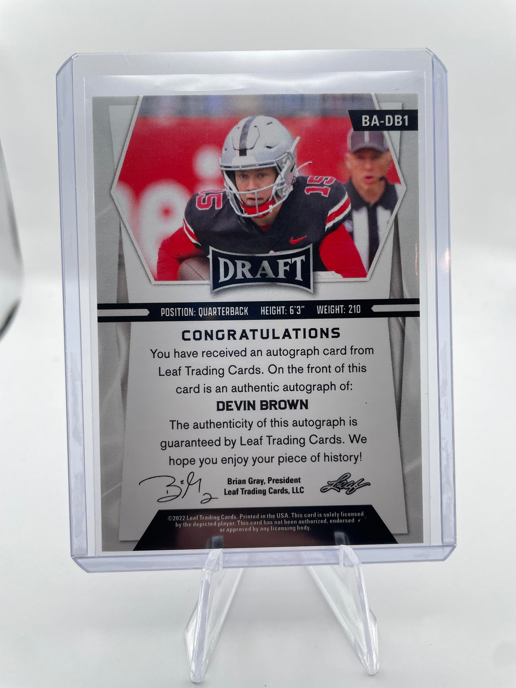 2022 Leaf Draft Devin Brown White Foil Rookie Auto /100 #BA-DB1