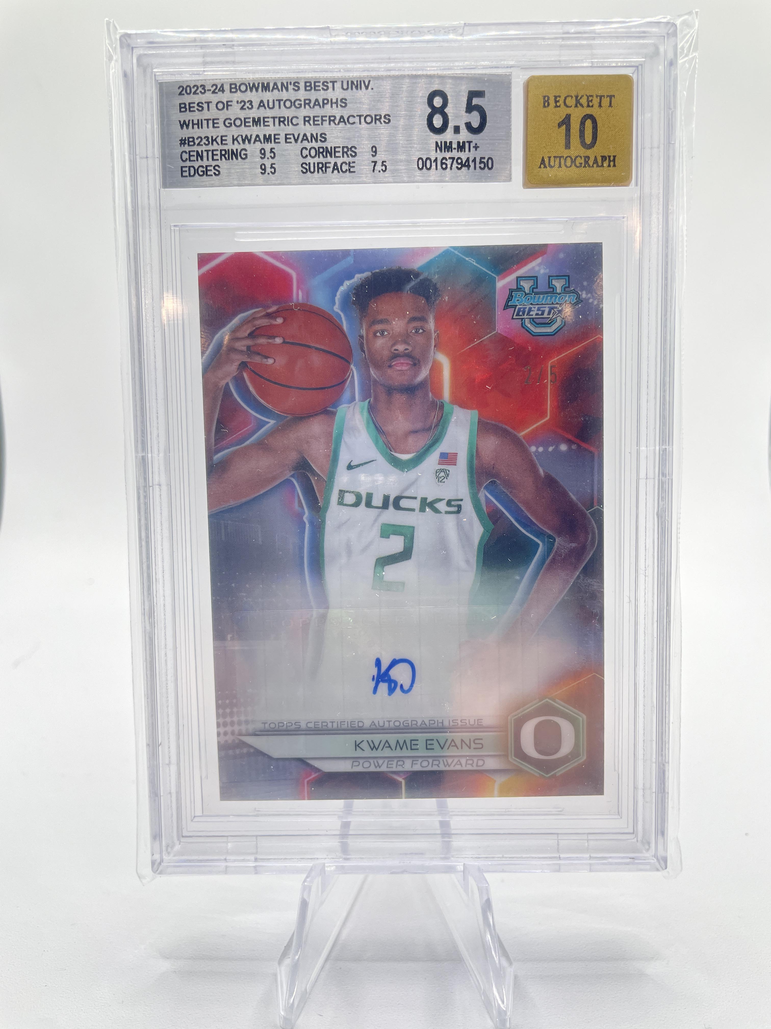 2023-24 Bowman U Best Kwame Evans White Refractor Auto 2/5 BGS 8.5 Number Match