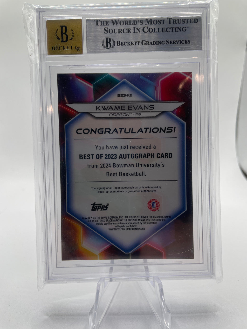 2023-24 Bowman U Best Kwame Evans White Refractor Auto 2/5 BGS 8.5 Number Match