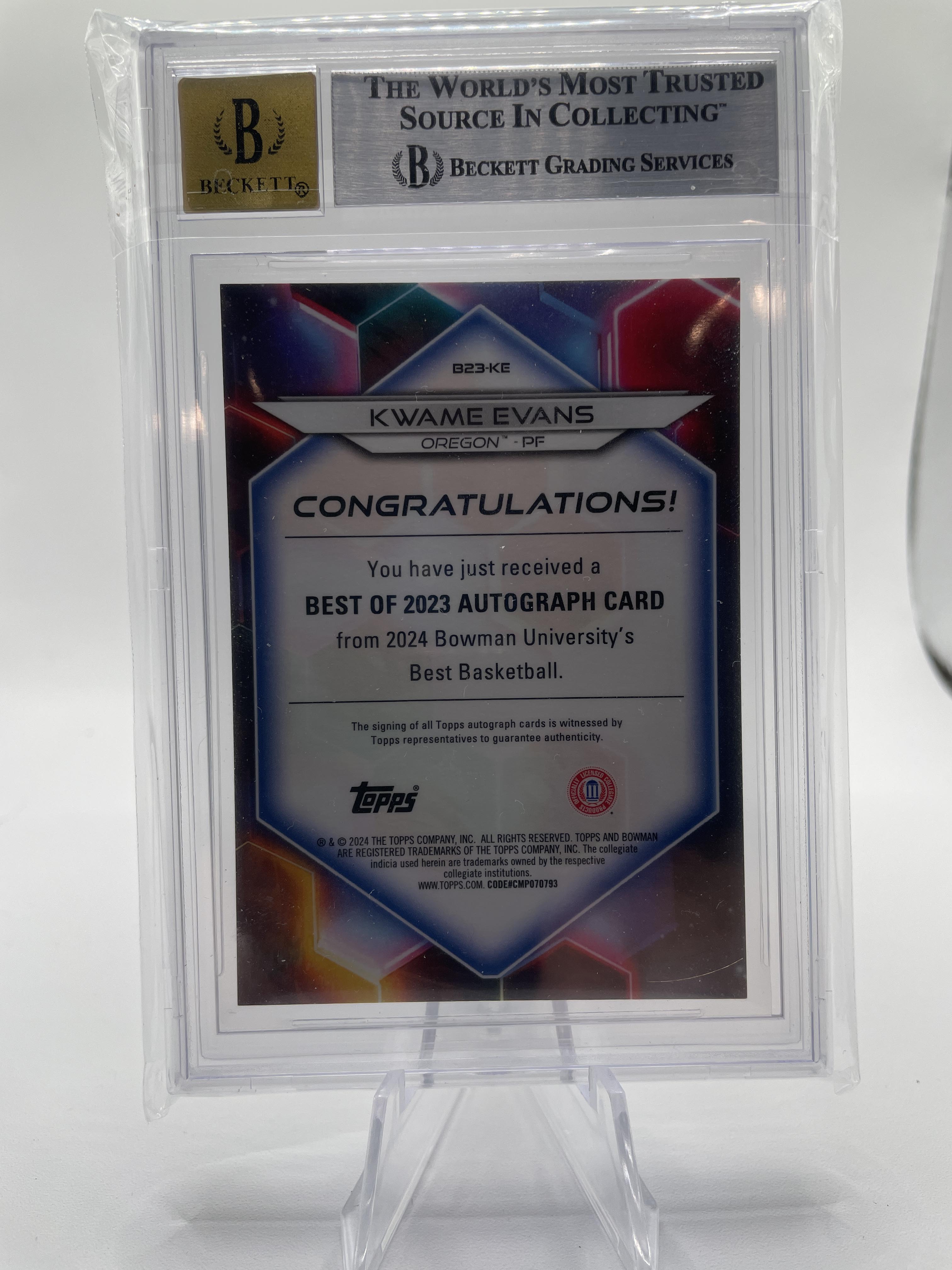 2023-24 Bowman U Best Kwame Evans White Refractor Auto 2/5 BGS 8.5 Number Match