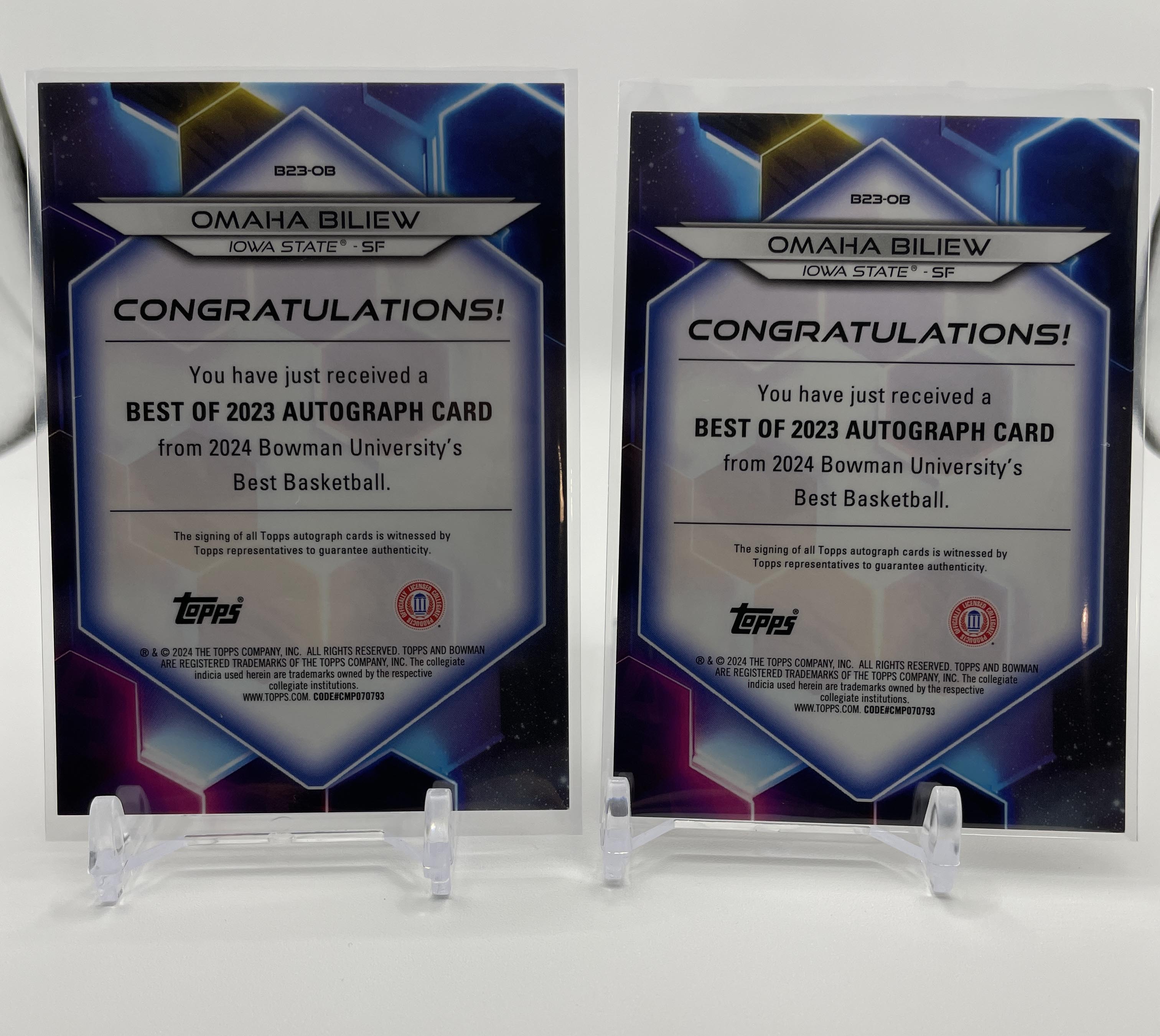 2023-24 Bowman U Best Omaha Biliew Gold Refractor Auto /50 + /125 & Chrome Auto