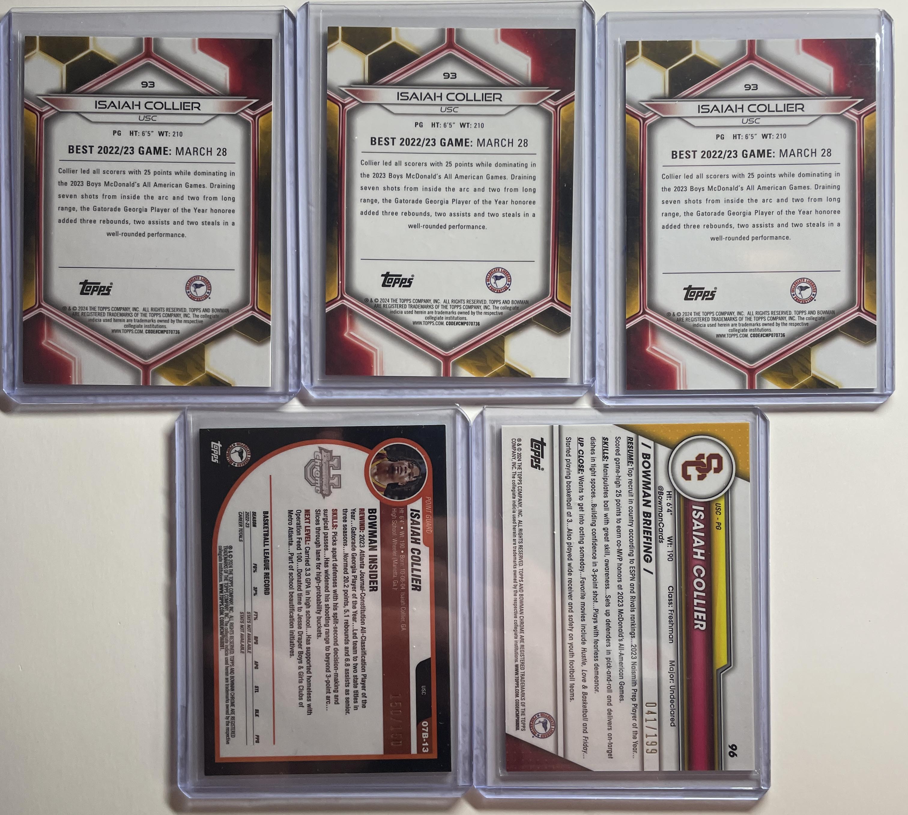 2023-24 Bowman U Chrome Isaiah Collier Green /99 Pink /100 Blue /199 RC Set (x5)