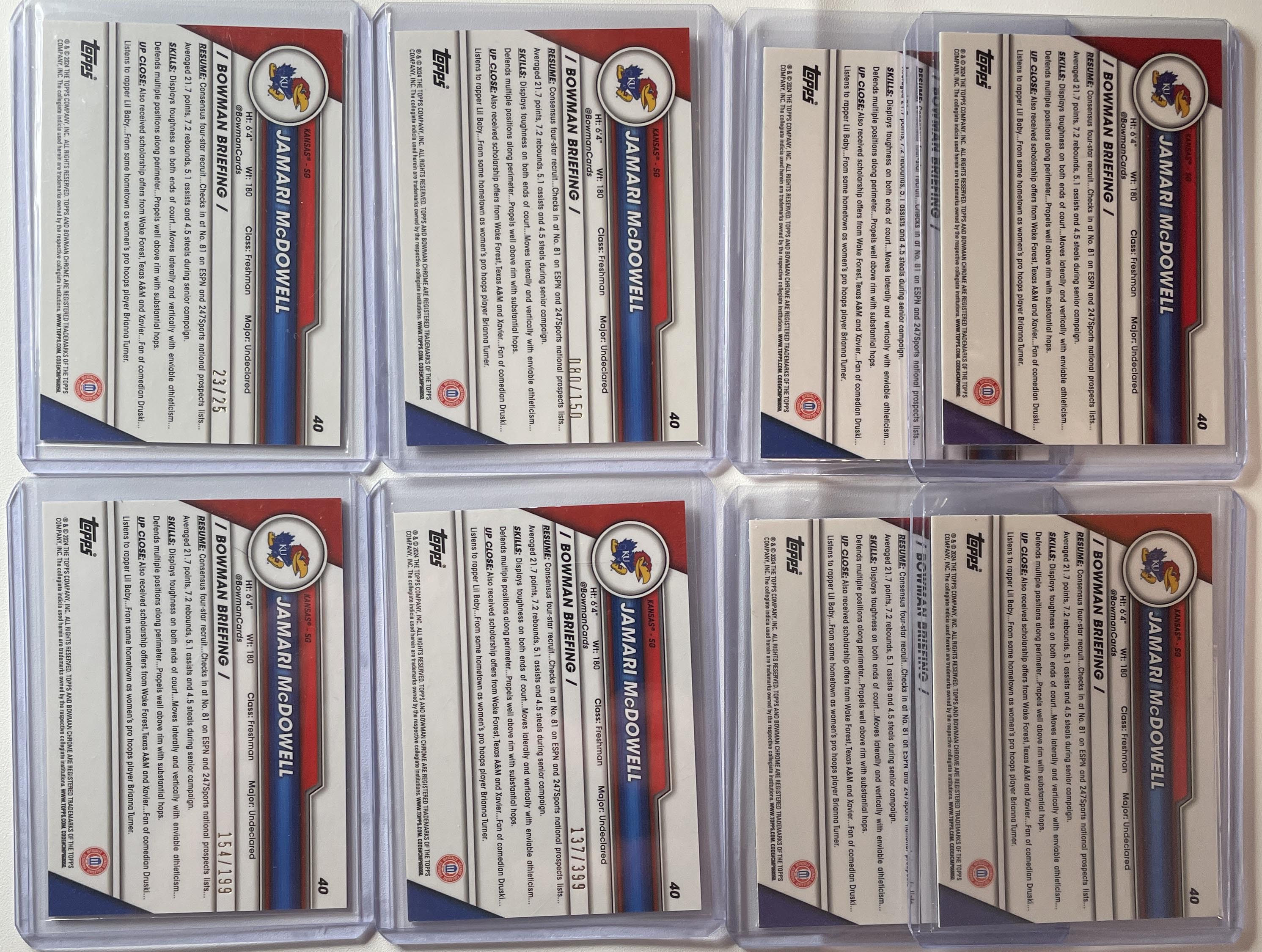 2023-24 Bowman U Chrome Jamari McDowell Orange /25 Pink /150 Blue /199 Set (x8)