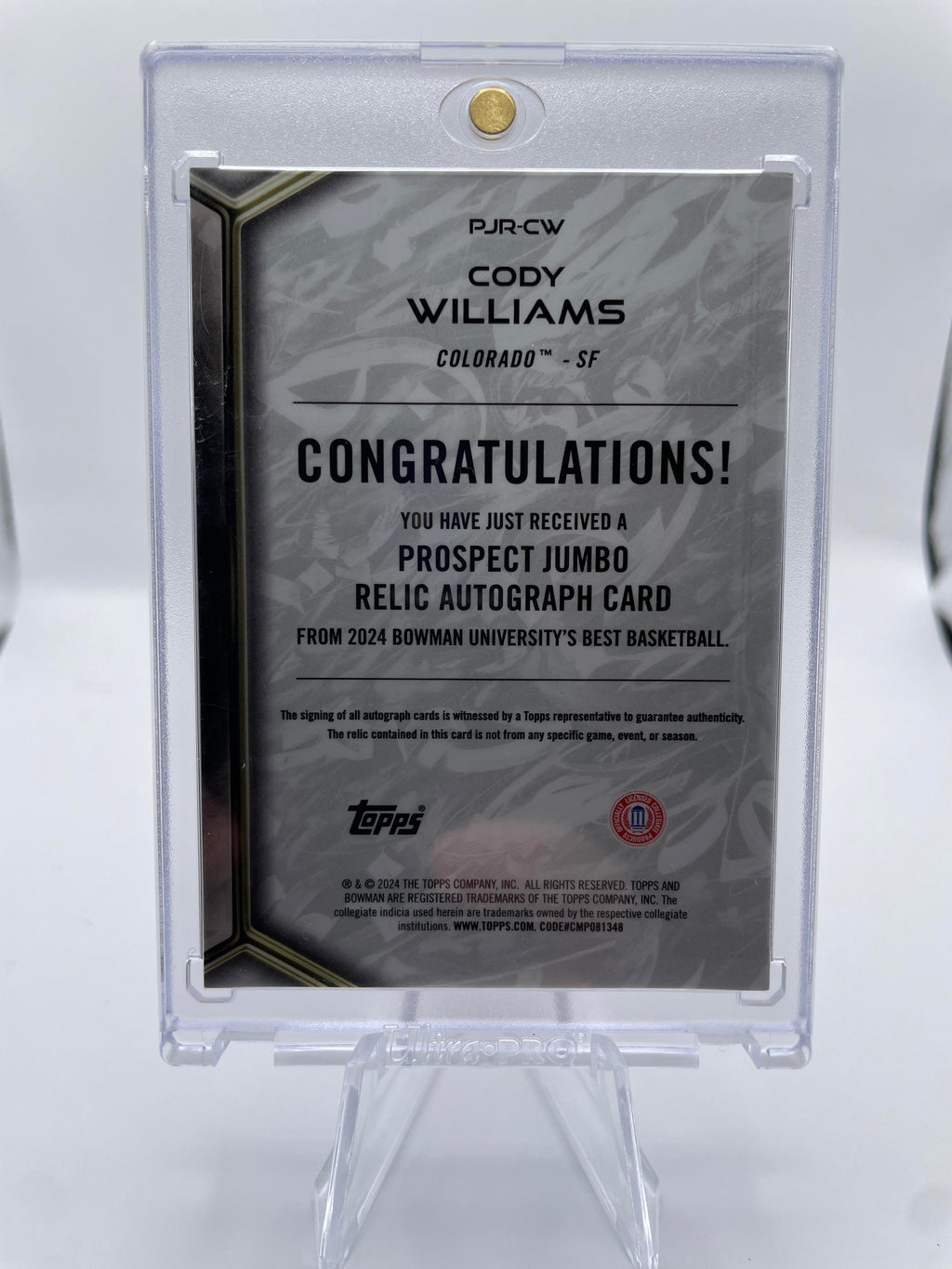 2023-24 Bowman University Best Cody Williams Jumbo Relic Patch Rookie Auto /49 .