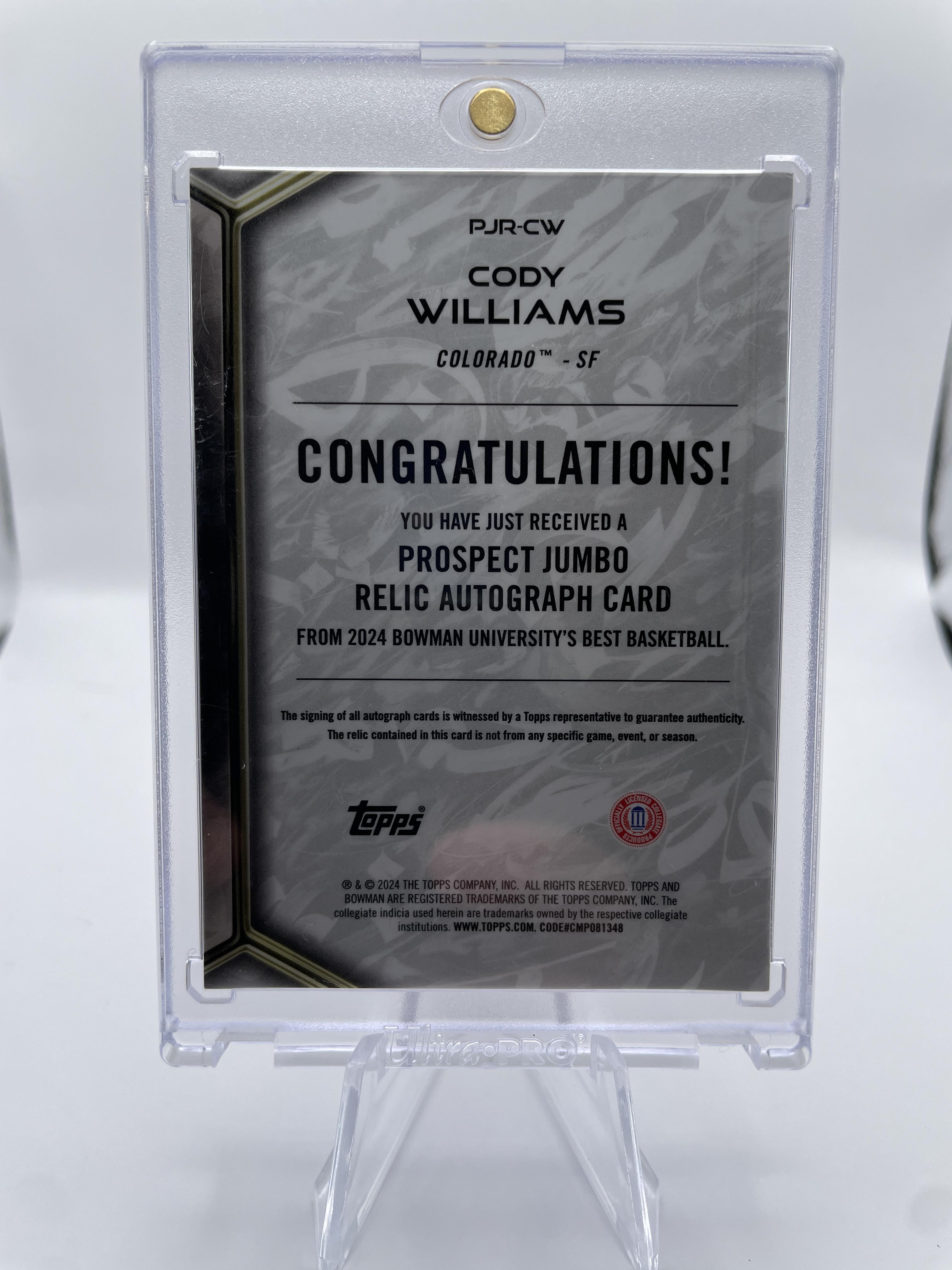 2023-24 Bowman University Best Cody Williams Jumbo Relic Patch Rookie Auto /49 .