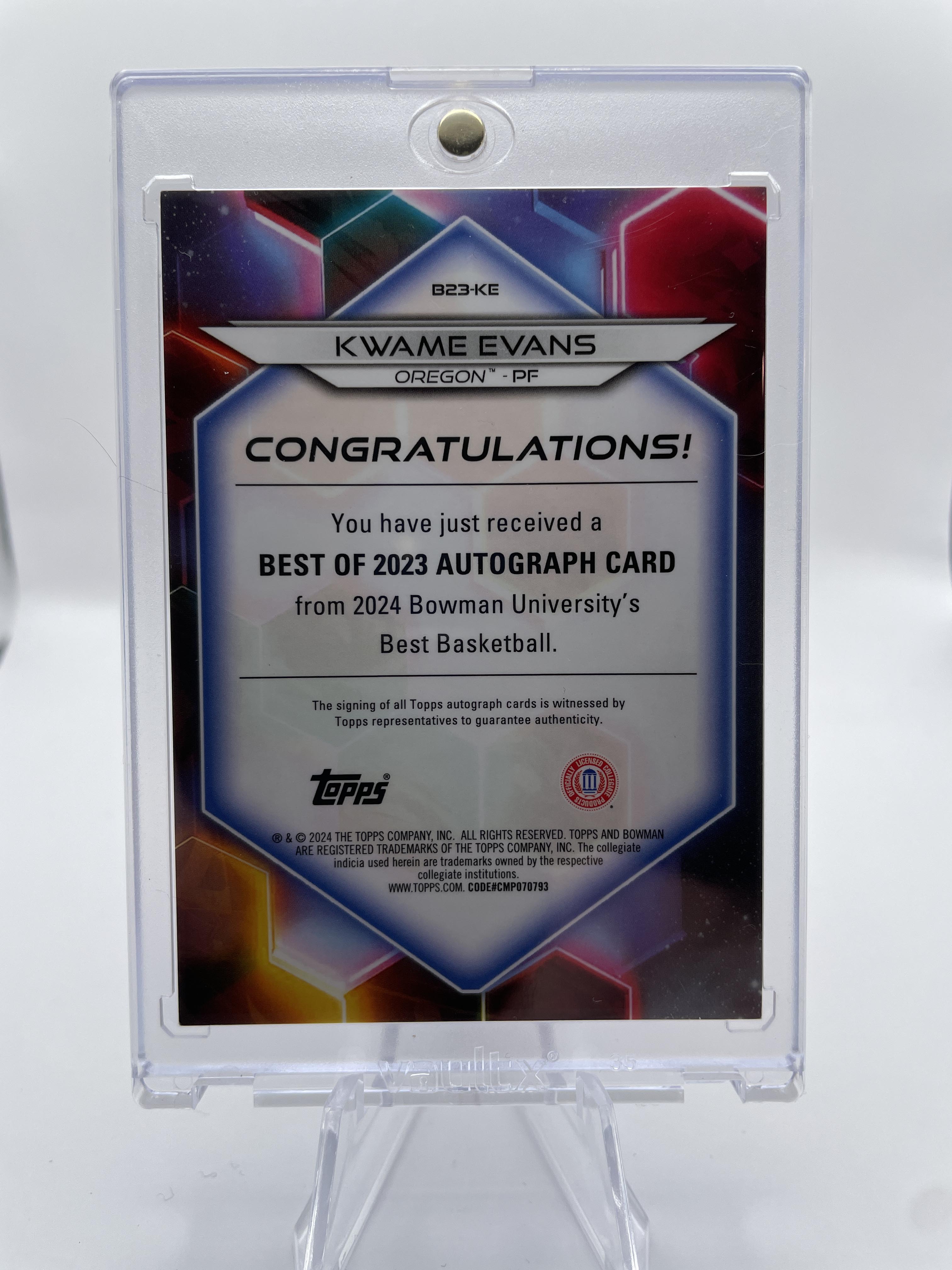 2023-24 Bowman University Best Kwame KJ Evans Prospect Refractor Auto /125