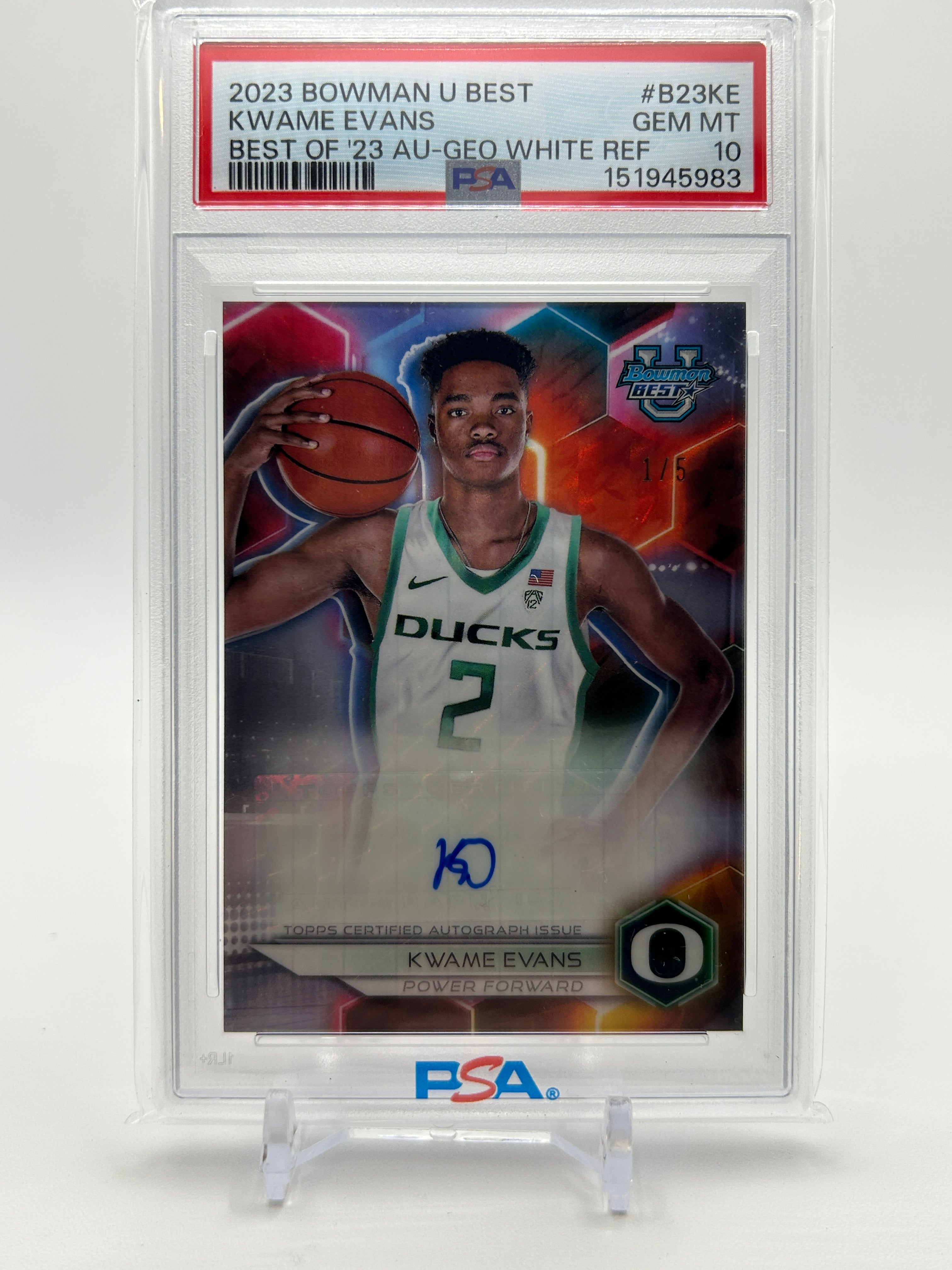 2023-24 Bowman University Best Kwame KJ Evans White Refractor Auto 1/5 PSA 10
