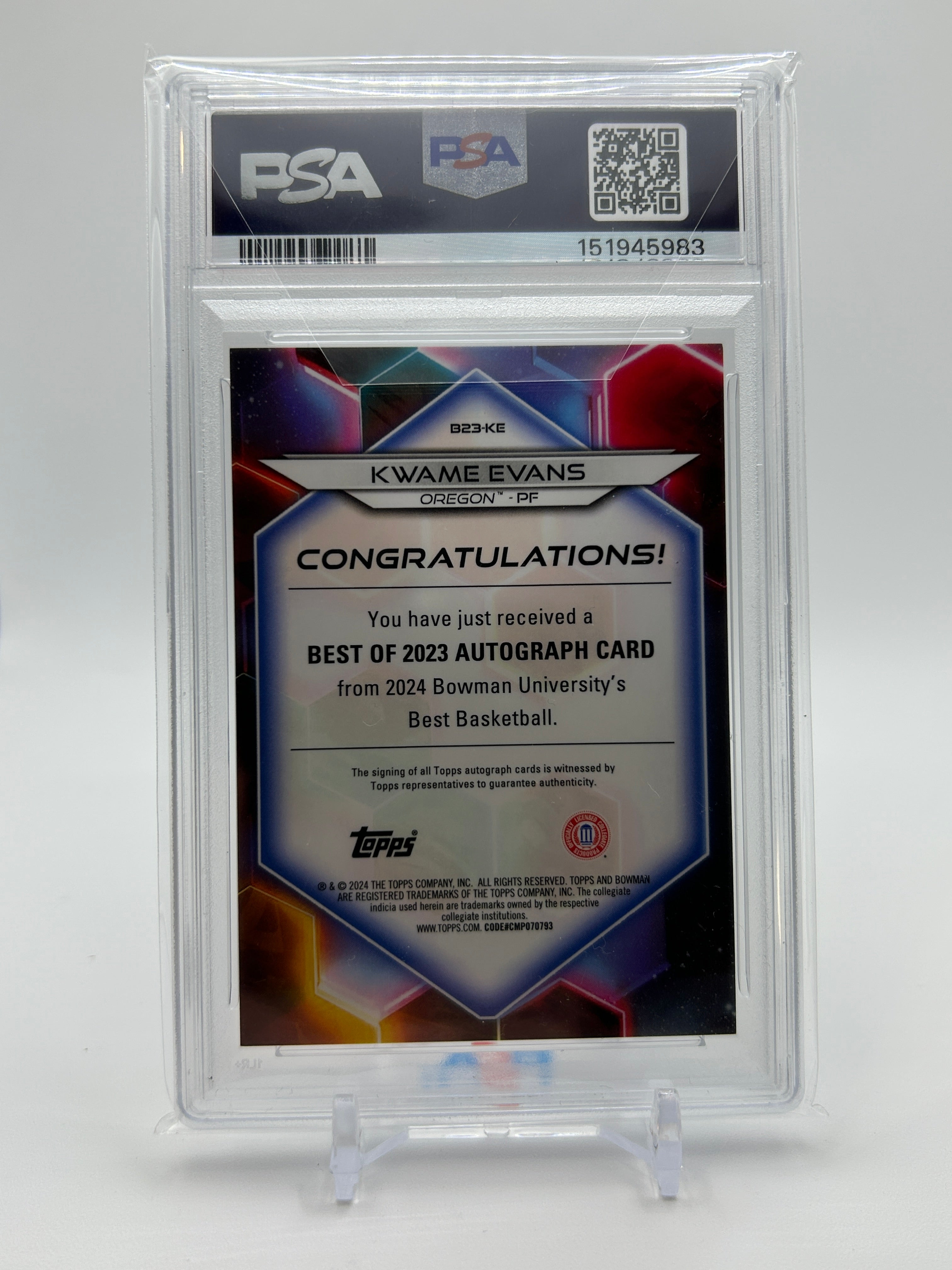 2023-24 Bowman University Best Kwame KJ Evans White Refractor Auto 1/5 PSA 10