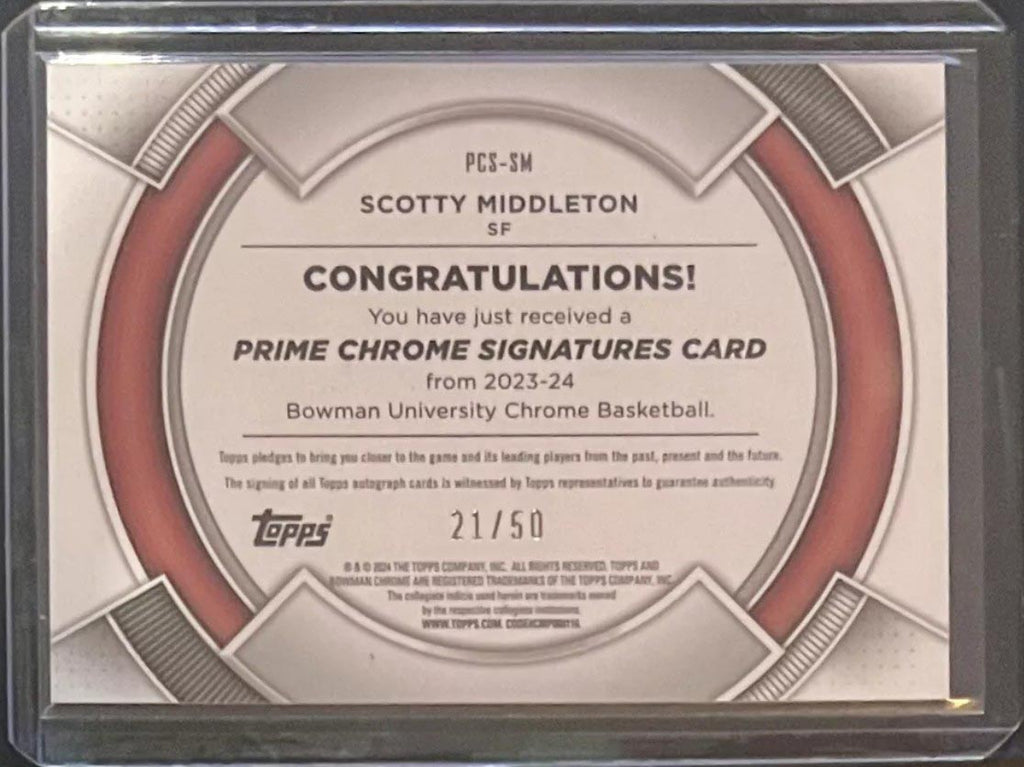 2023-24 Bowman University Best Scotty Middleton Prime Refrractor Auto /50