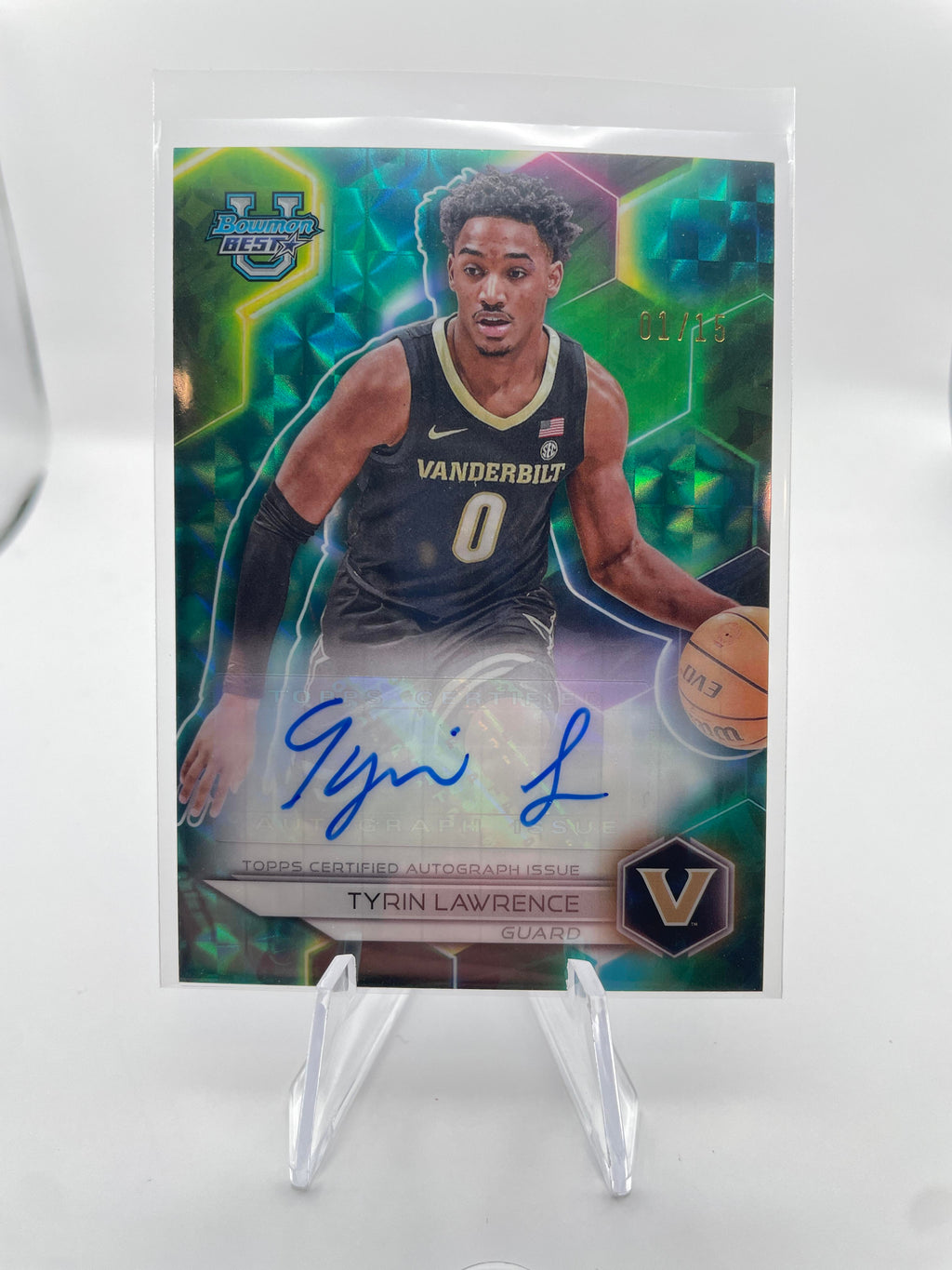 2023-24 Bowman University Best Tyrin Lawrence Teal Geometric Refractor Auto 1/15