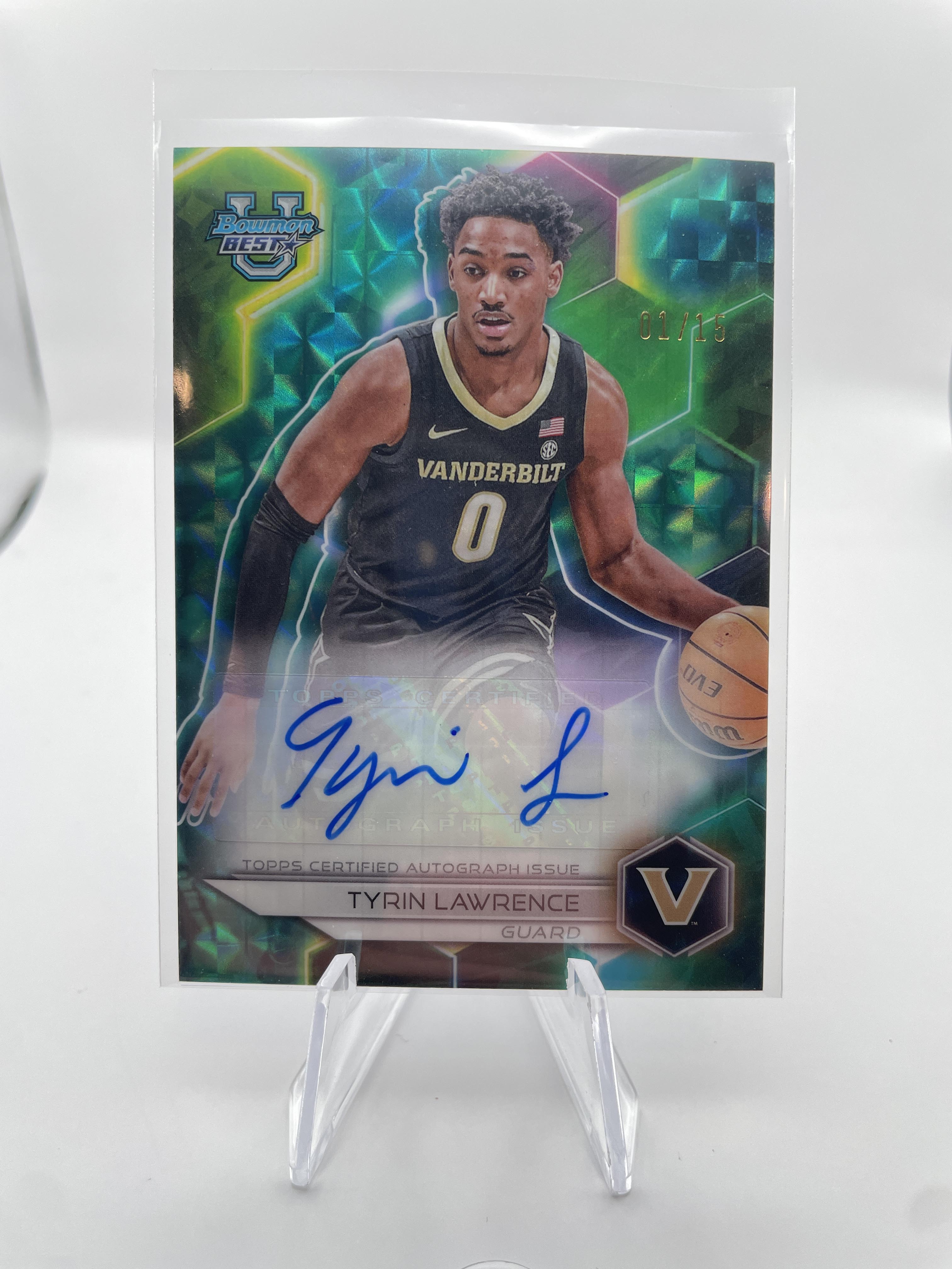 2023-24 Bowman University Best Tyrin Lawrence Teal Geometric Refractor Auto 1/15