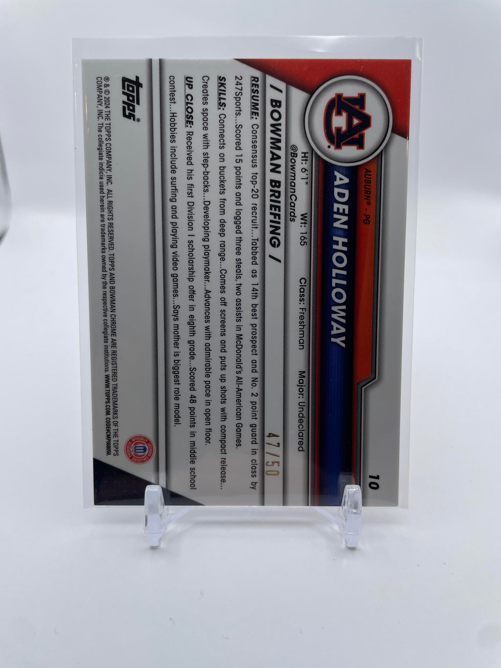 2023-24 Bowman University Chrome Aden Holloway Gold Refractor Rookie /50