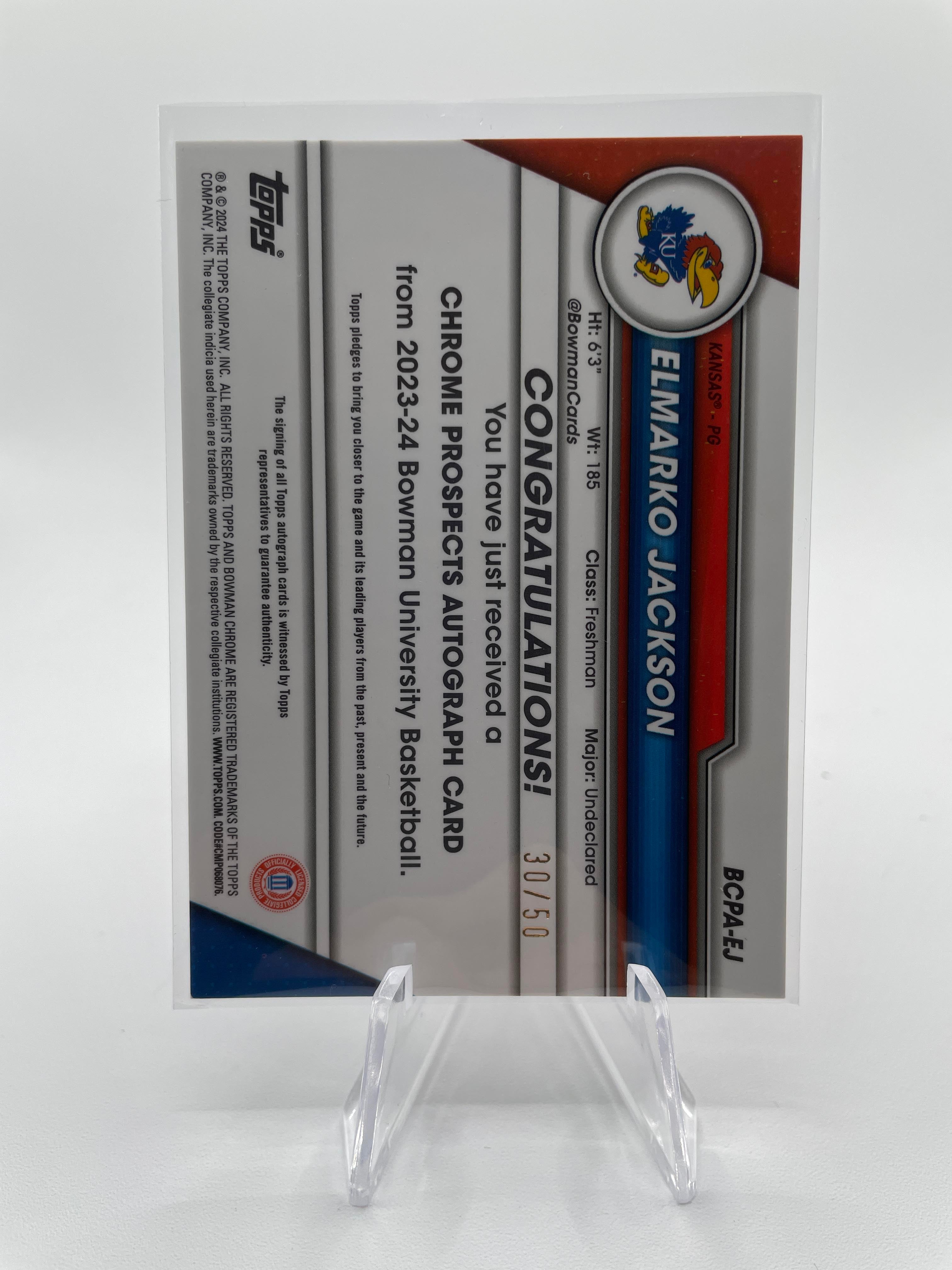 2023-24 Bowman University Chrome Elmarko Jackson 1st Gold Refractor Auto /50