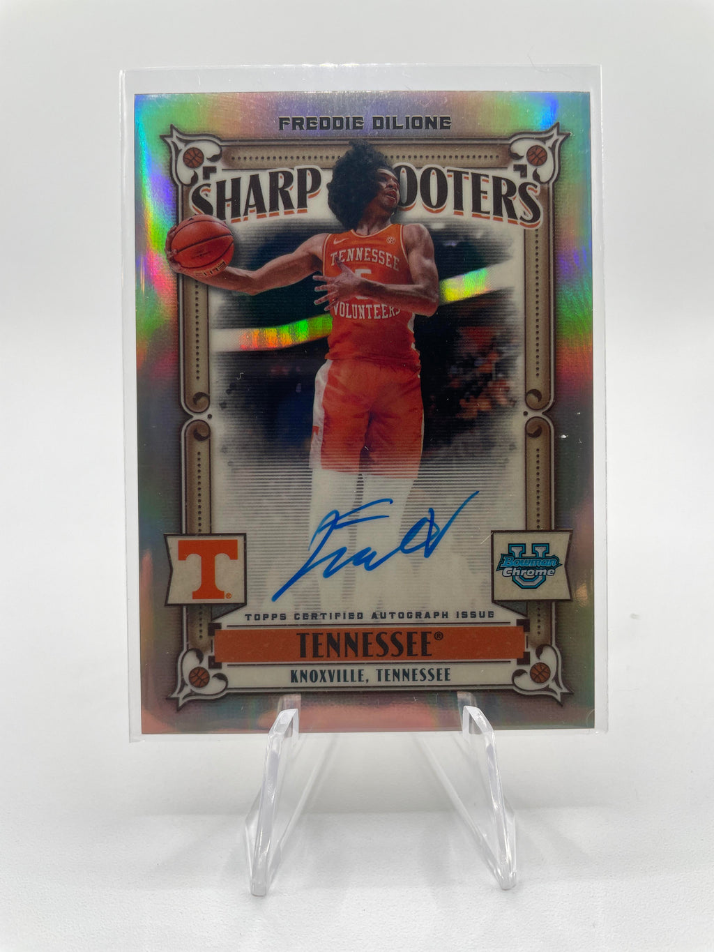 2023-24 Bowman University Chrome Freddie Dilione Sharpshooter Refractor Auto /50