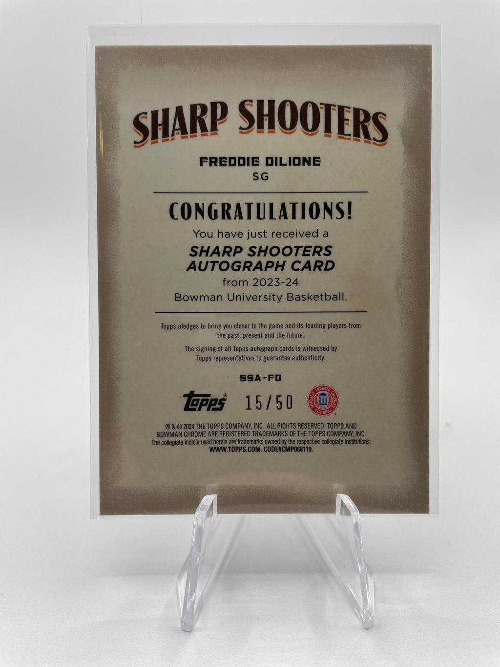 2023-24 Bowman University Chrome Freddie Dilione Sharpshooter Refractor Auto /50