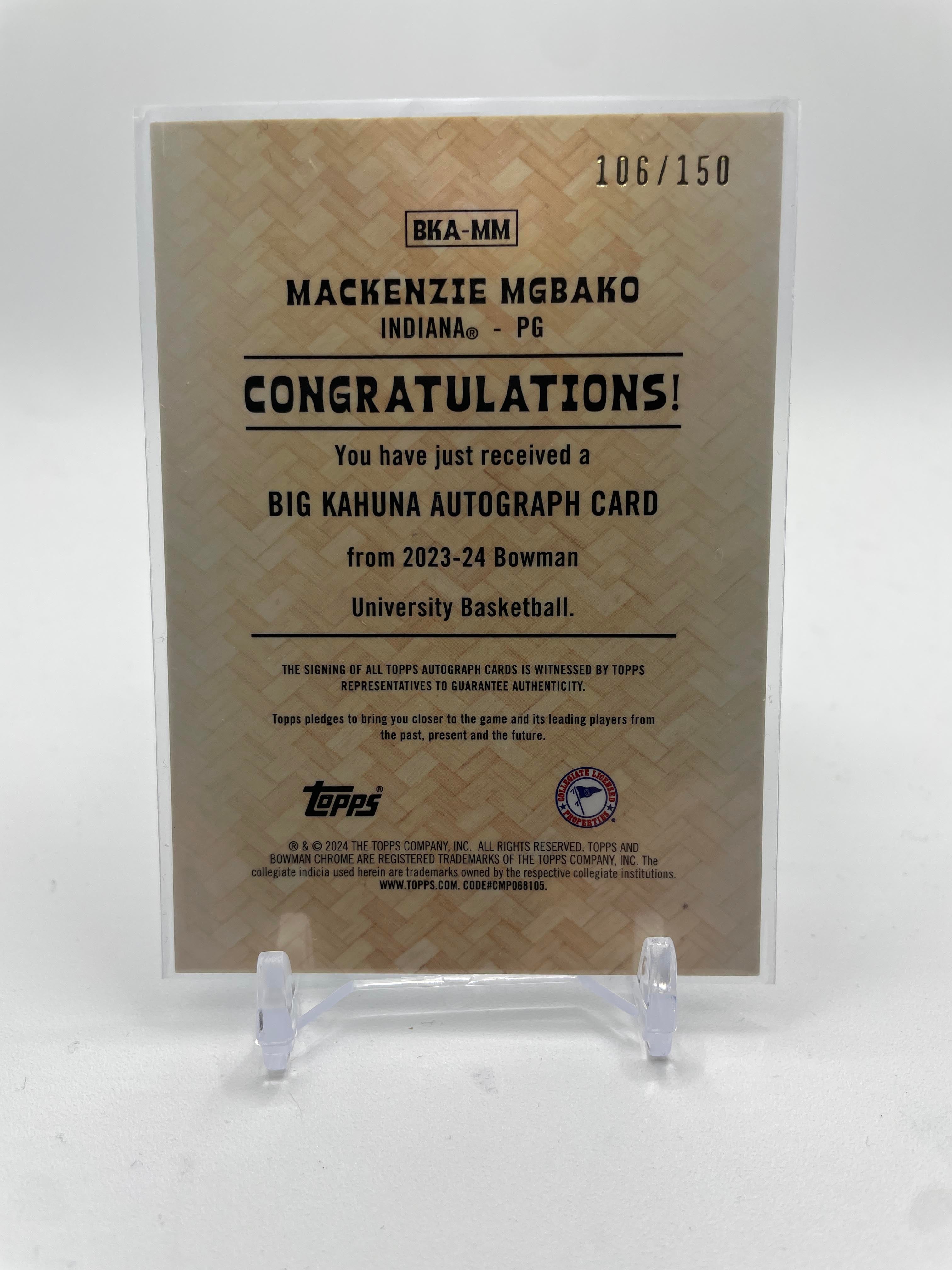2023-24 Bowman University Chrome Mackenzie Mgbako Big Kahuna Refractor Auto /150