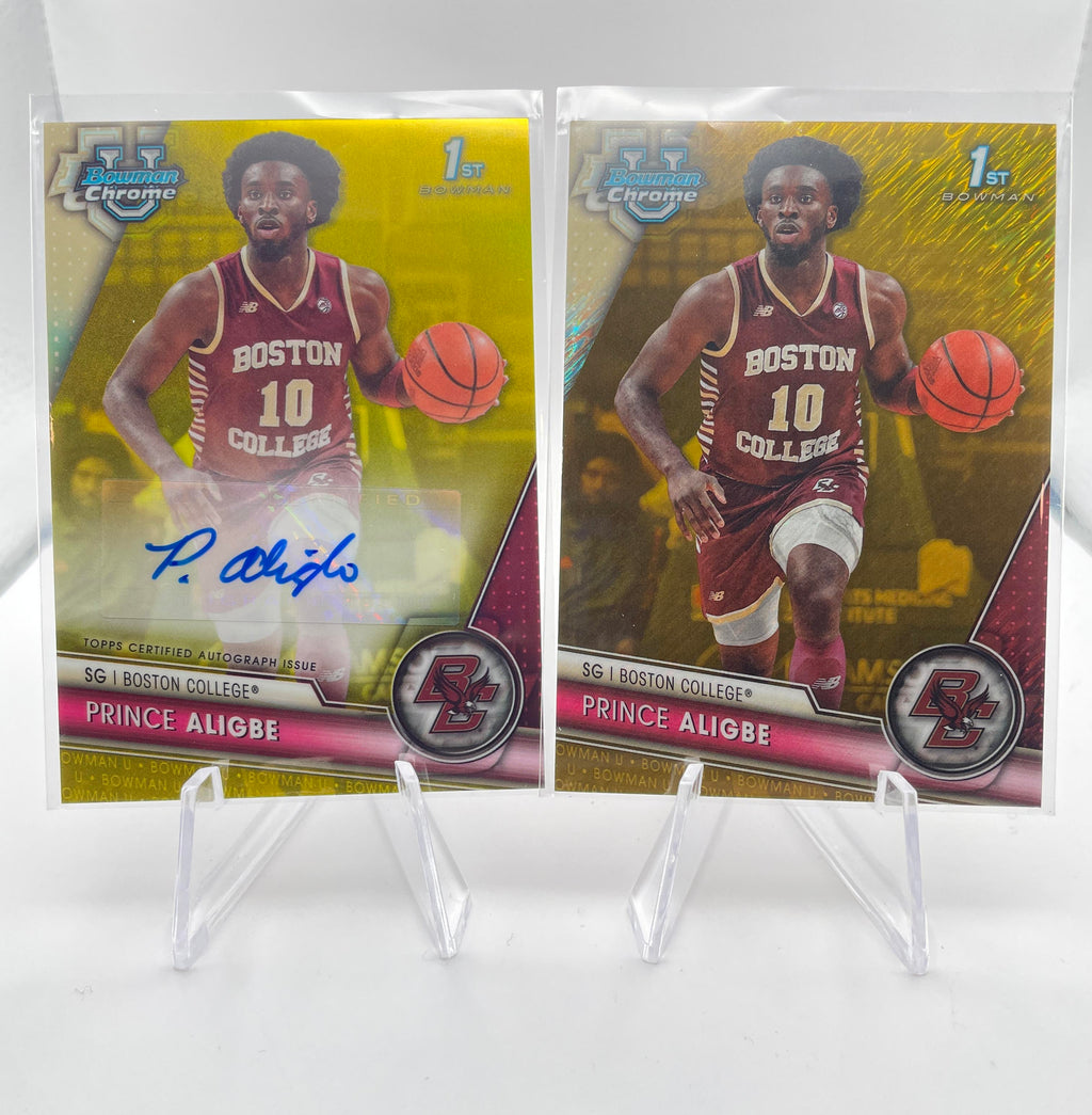 2023-24 Bowman University Chrome Prince Aligbe Yellow Refractor Auto /75 + Gold