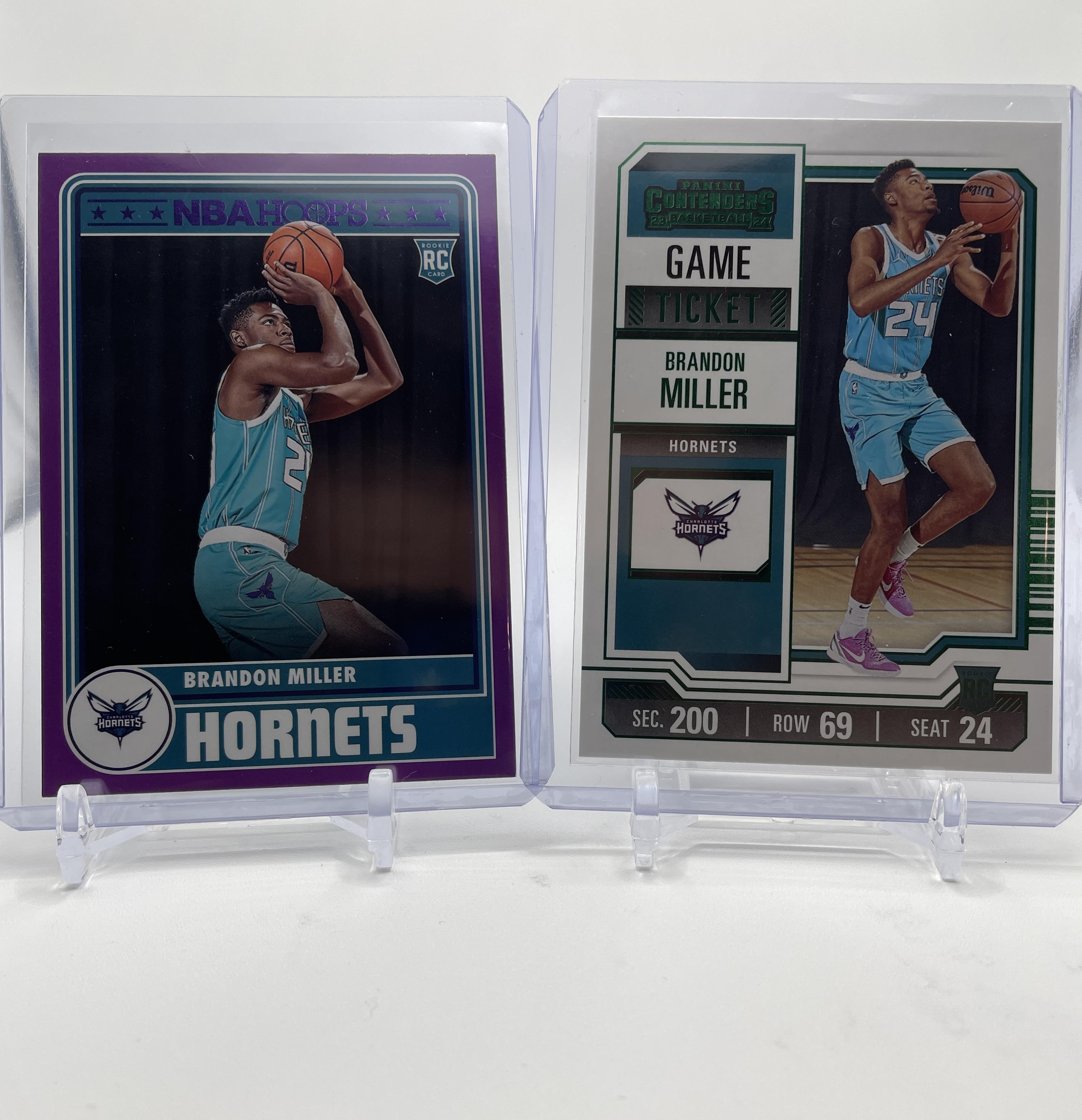 2023-24 NBA Hoops Brandon Miller Tribute Purple Rookie SP + Contenders Green SP