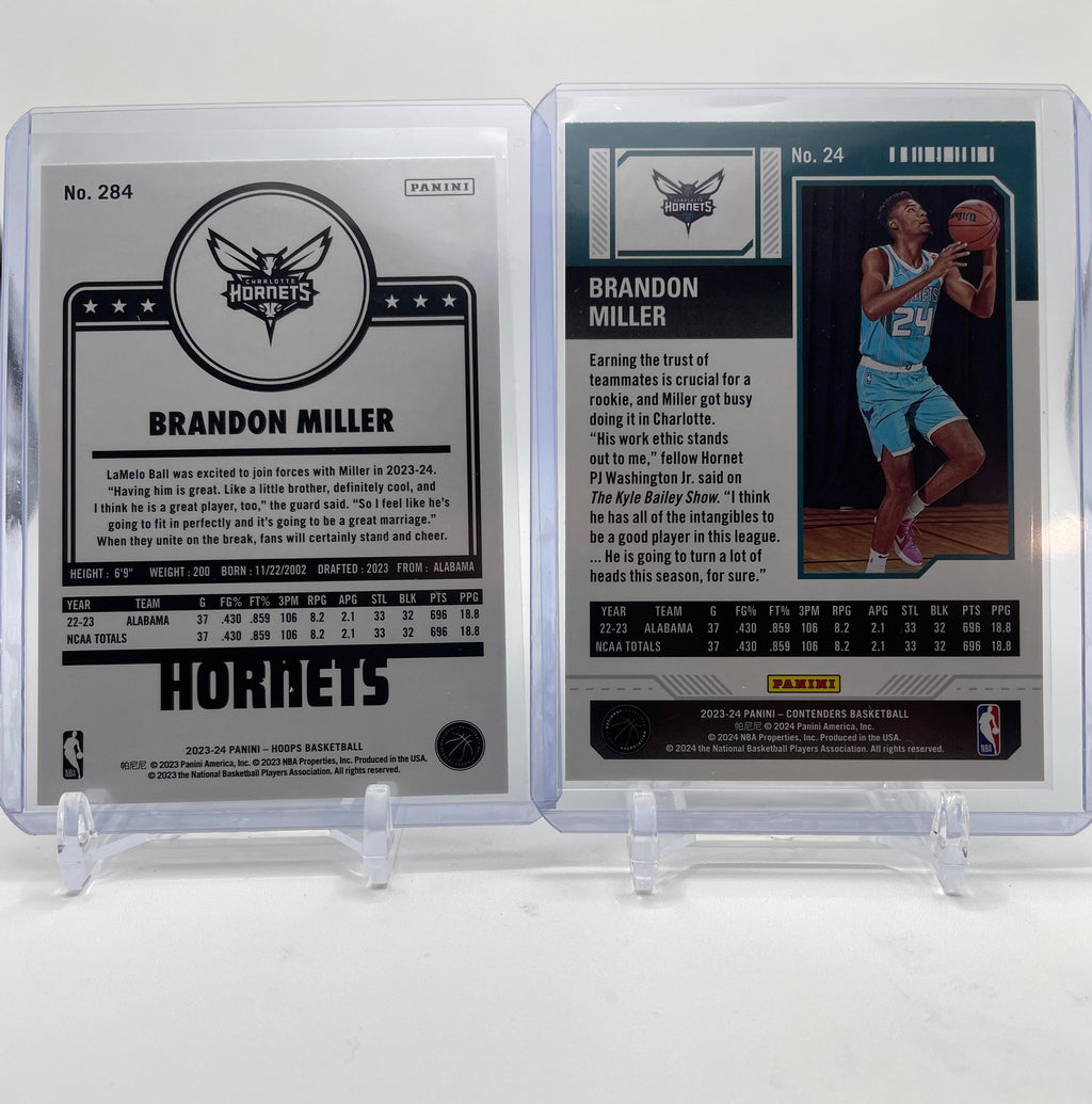 2023-24 NBA Hoops Brandon Miller Tribute Purple Rookie SP + Contenders Green SP