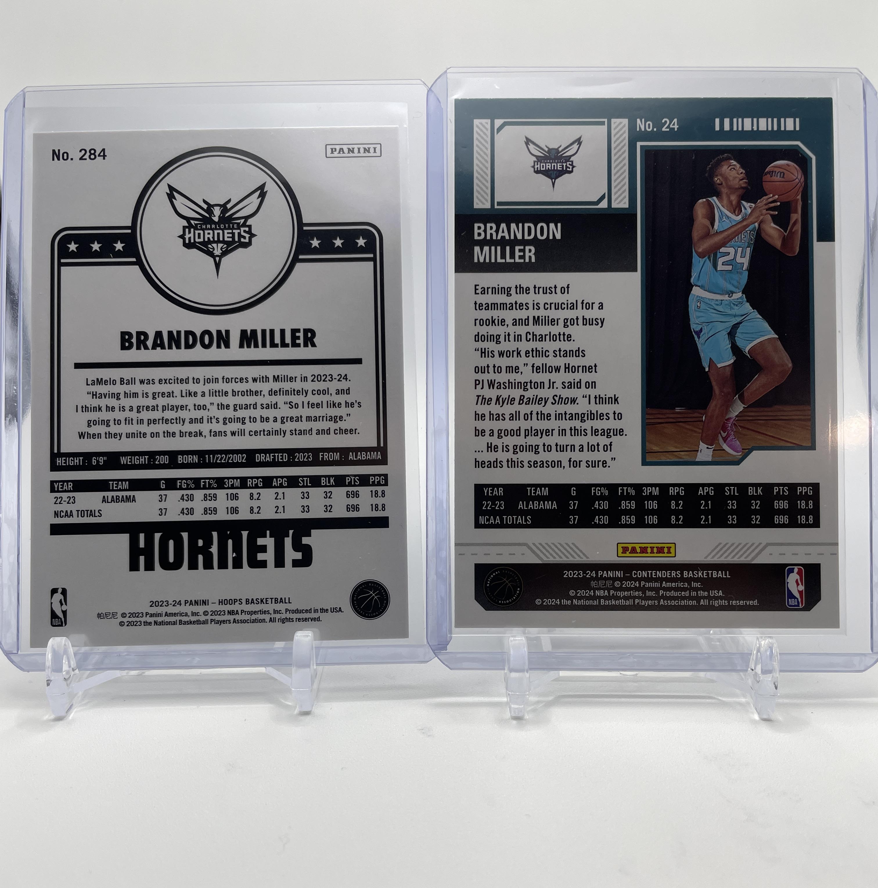 2023-24 NBA Hoops Brandon Miller Tribute Purple Rookie SP + Contenders Green SP