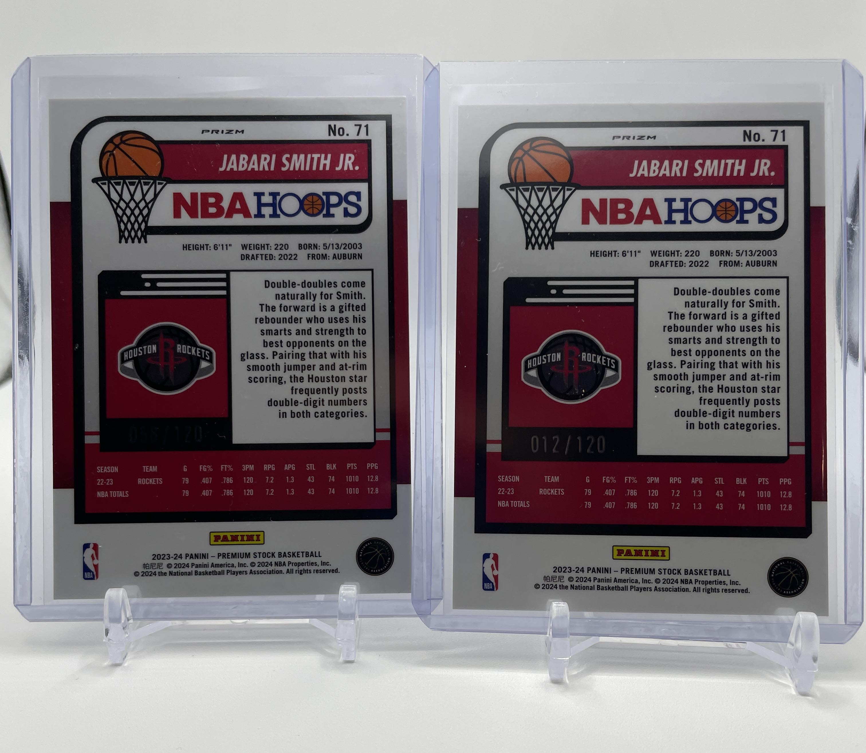 2023-24 Panini NBA Hoops Premium Stock Jabari Smith Jr. Blue Prizm /120 Set (x2)