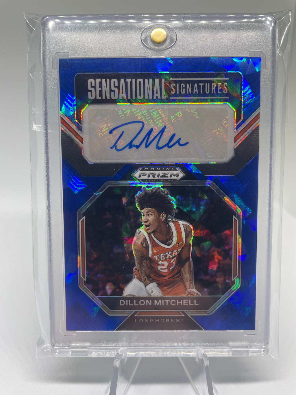 2023-24 Panini Prizm Draft Dillon Mitchell Blue Crystal Prizm Rookie Auto /75