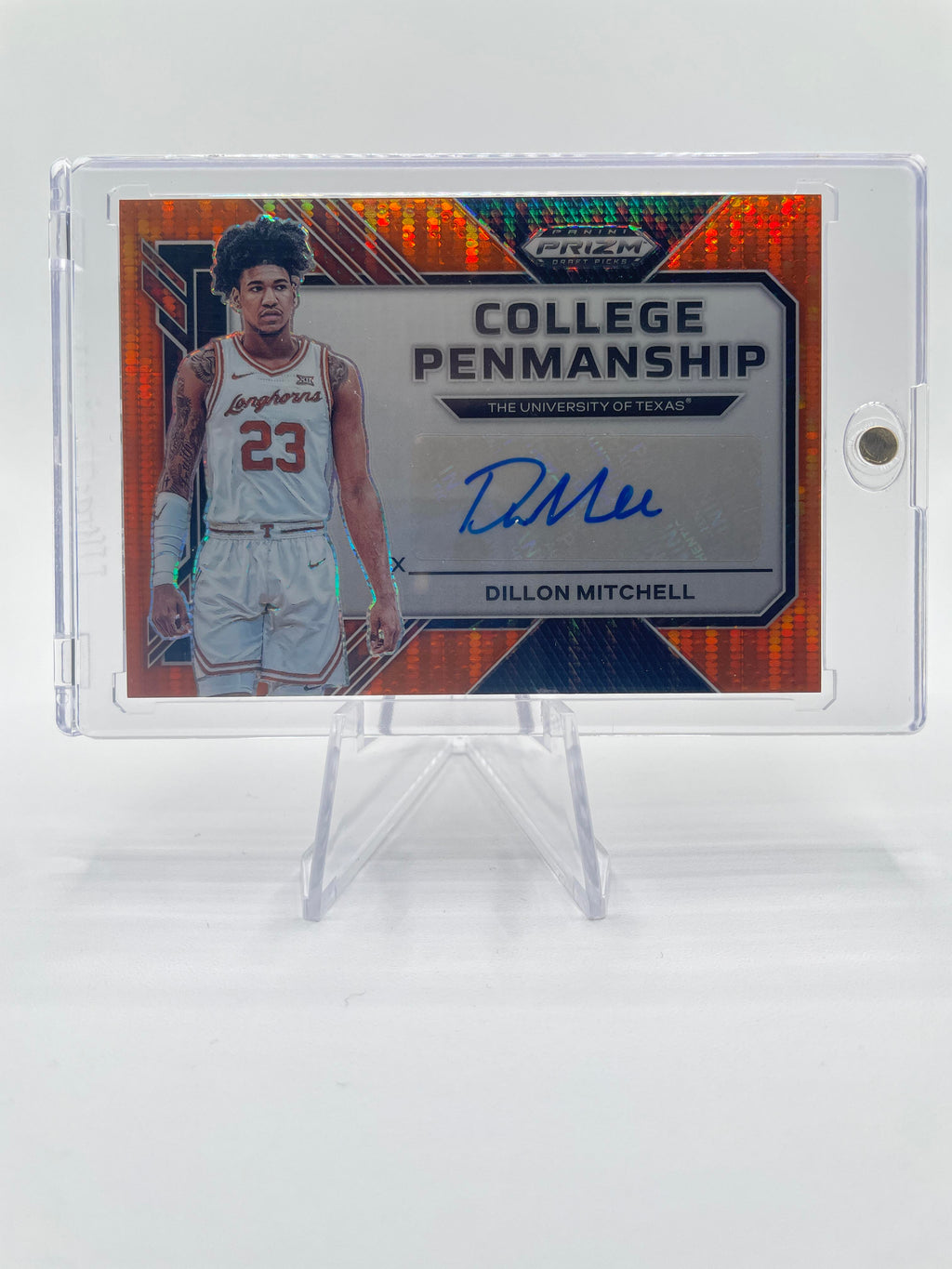 2023-24 Panini Prizm Draft Dillon Mitchell Penmanship Orange Pulsar Auto /49