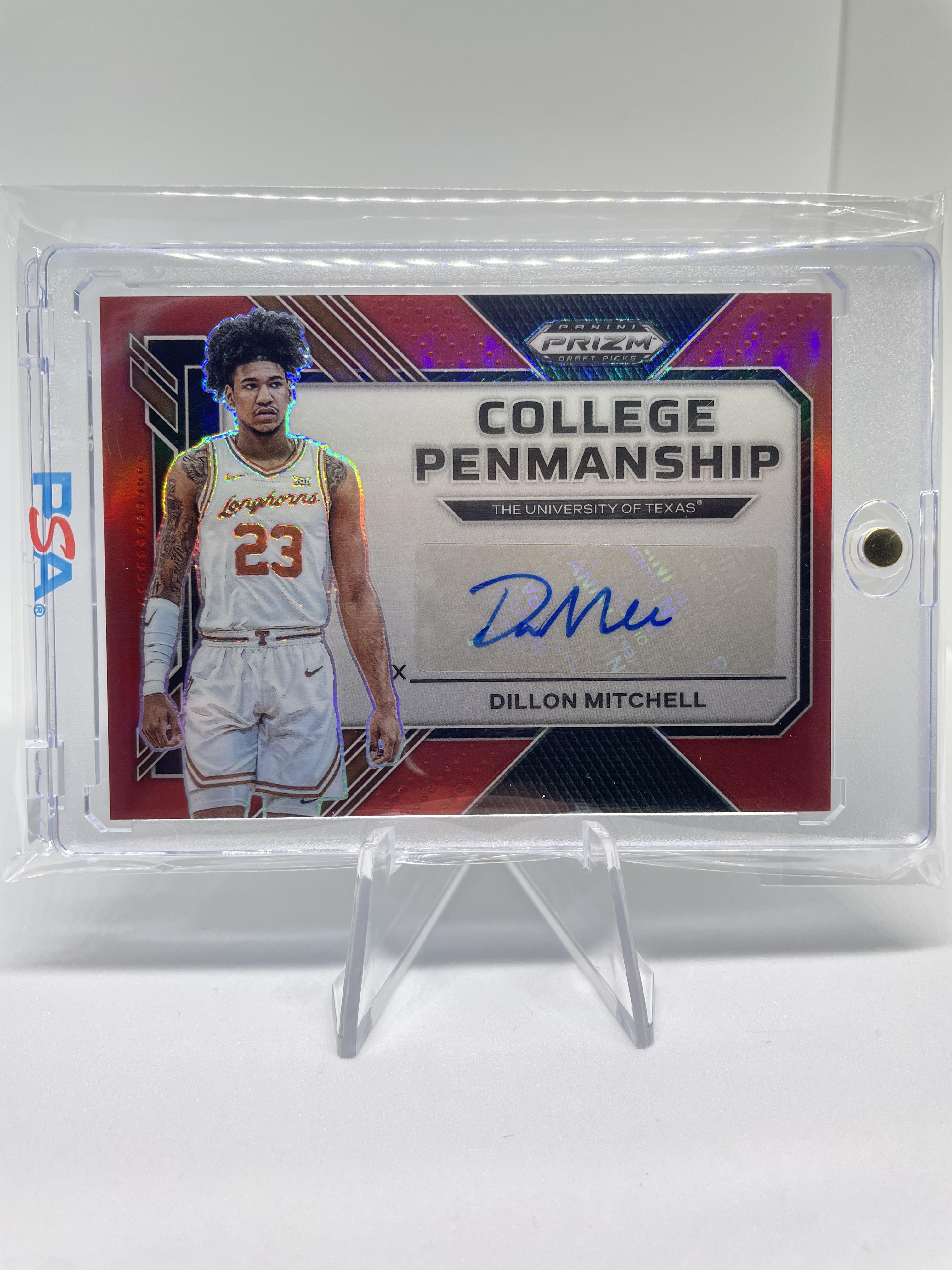 2023-24 Panini Prizm Draft Dillon Mitchell Penmanship Red Prizm Rookie Auto /125