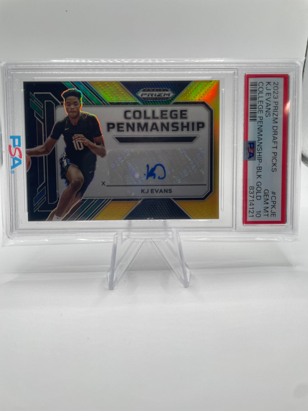 2023-24 Panini Prizm Draft Kwame KJ Evans Penmanship Black Gold Auto 1/5 PSA 10