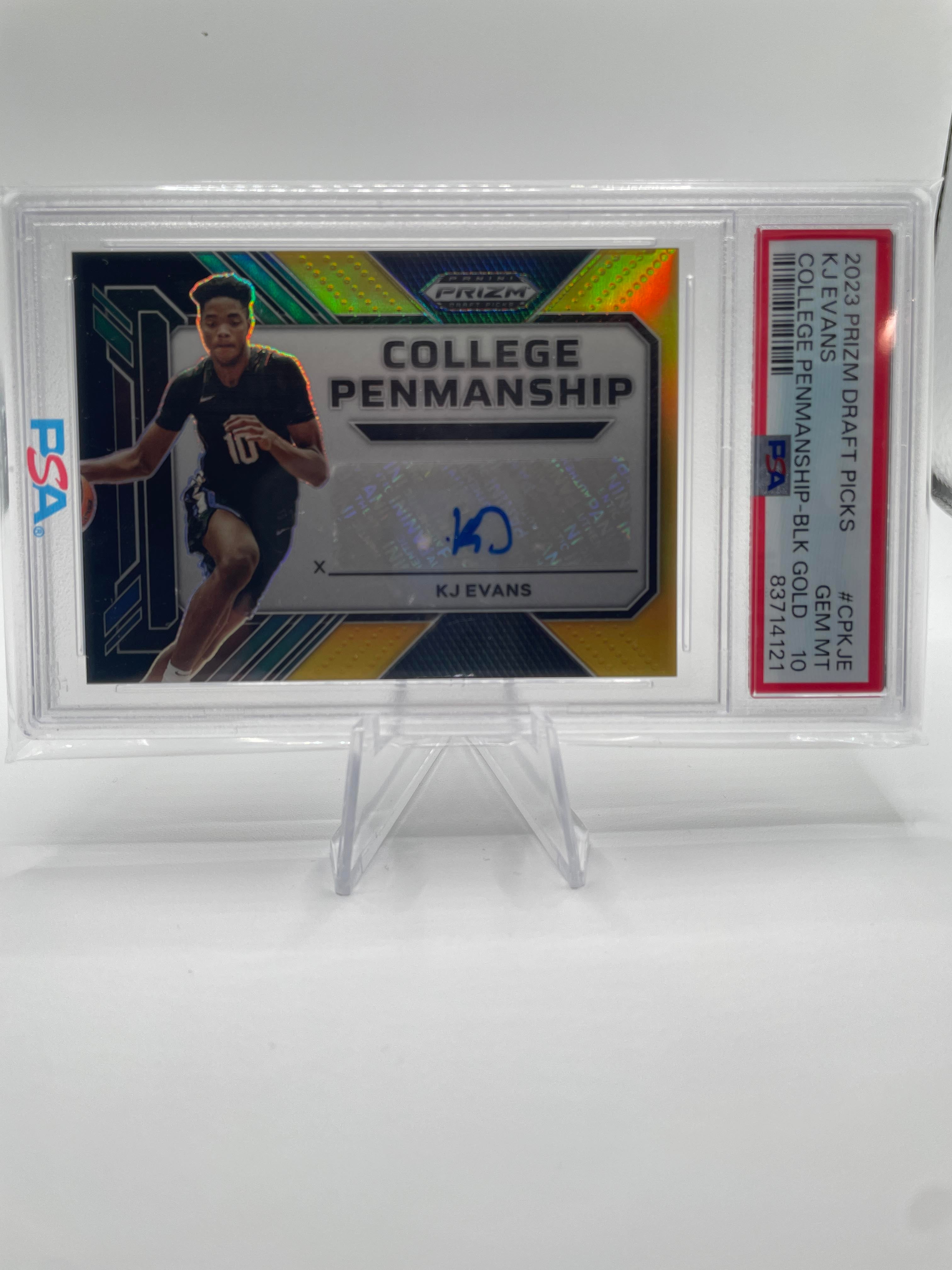 2023-24 Panini Prizm Draft Kwame KJ Evans Penmanship Black Gold Auto 1/5 PSA 10
