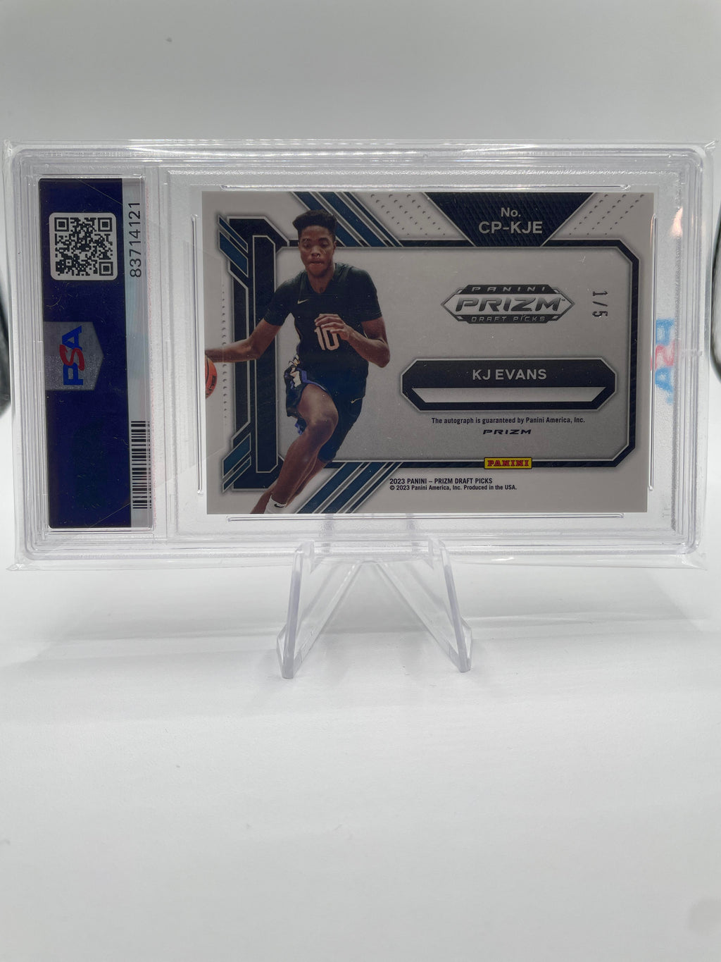 2023-24 Panini Prizm Draft Kwame KJ Evans Penmanship Black Gold Auto 1/5 PSA 10