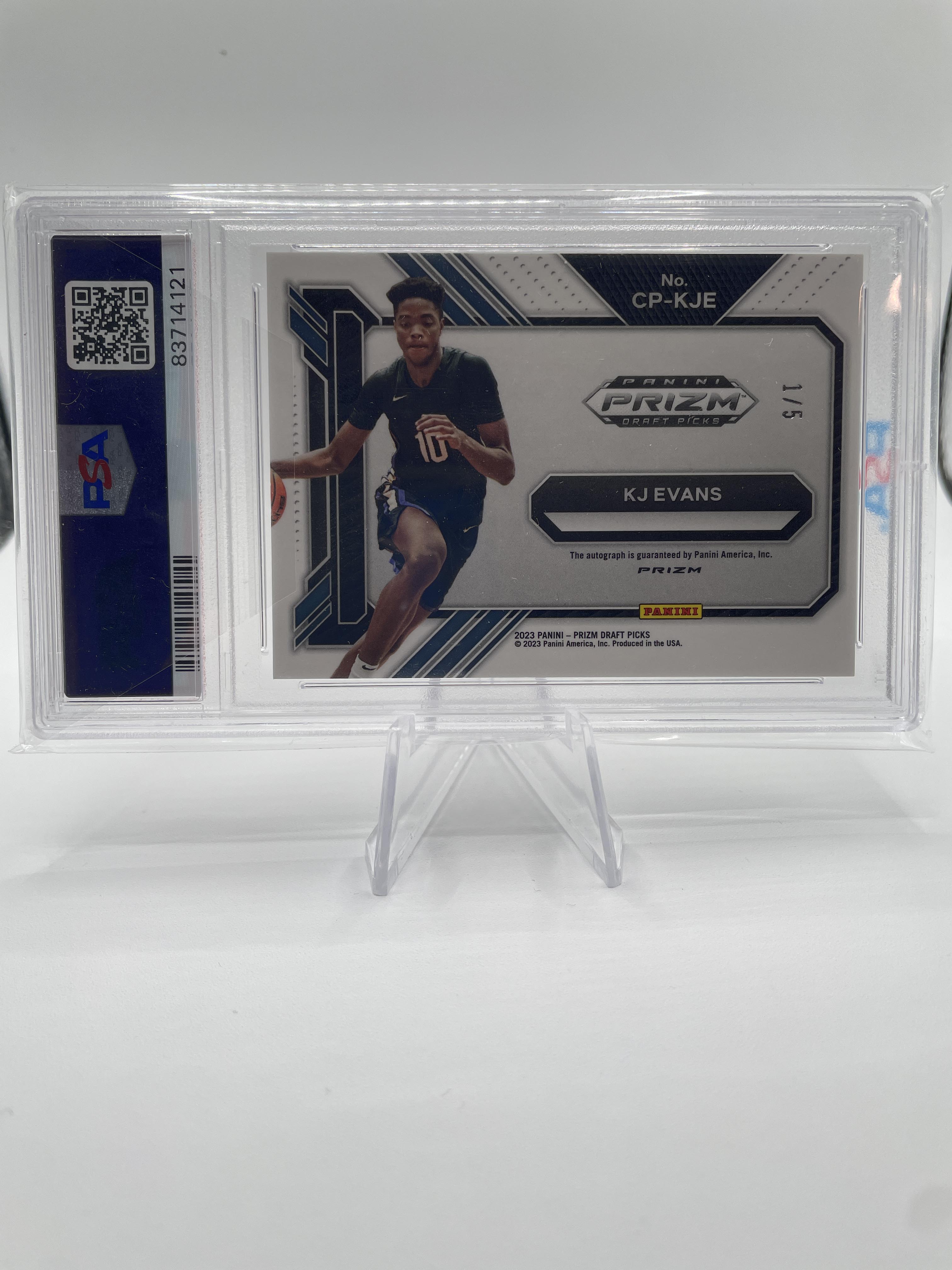 2023-24 Panini Prizm Draft Kwame KJ Evans Penmanship Black Gold Auto 1/5 PSA 10