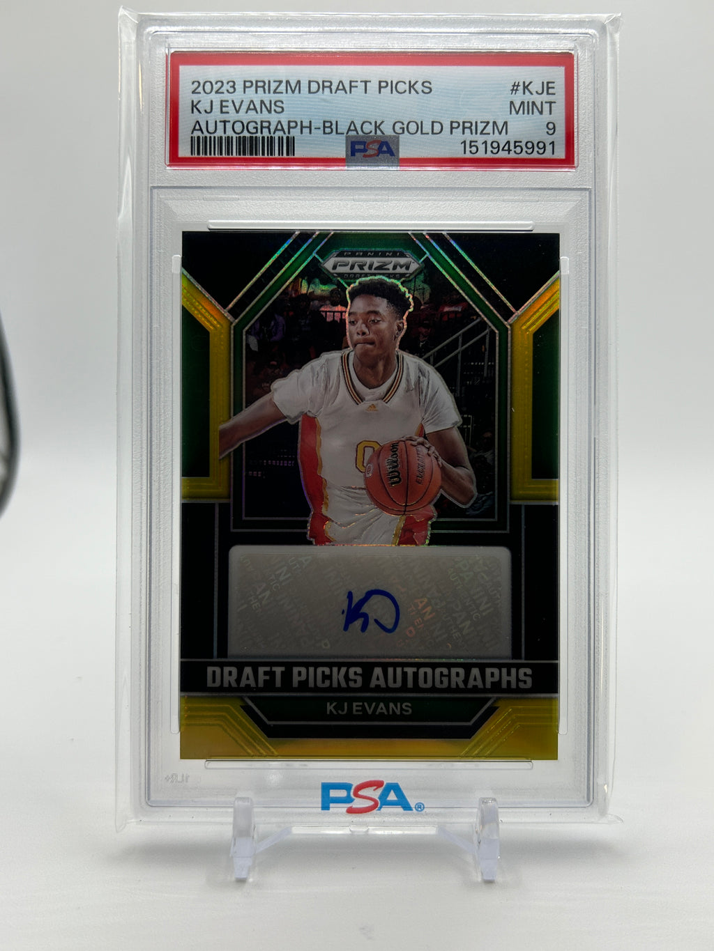 2023-24 Panini Prizm Draft Picks Kwame KJ Evans Black Gold Auto /5 # Match PSA 9