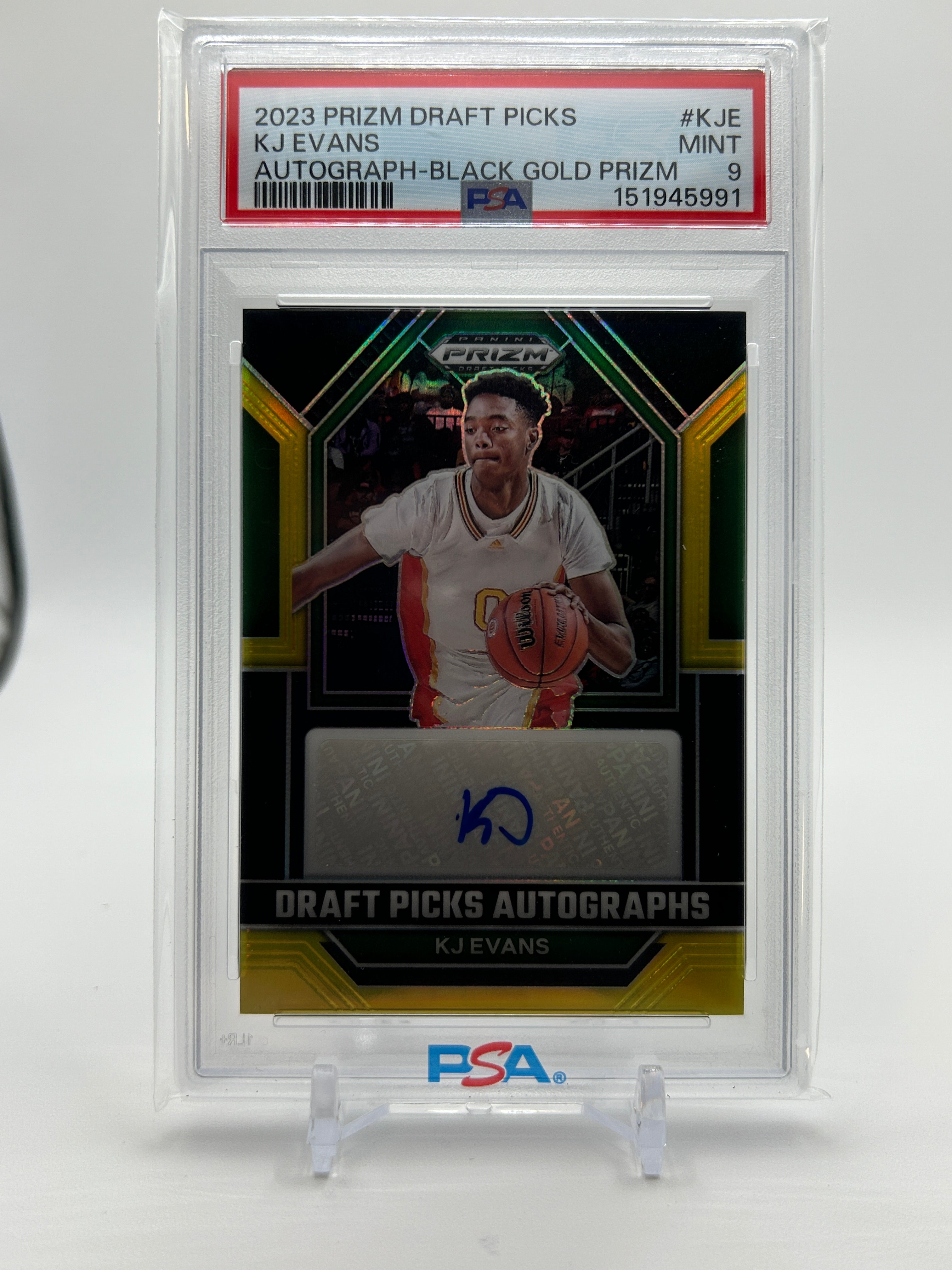 2023-24 Panini Prizm Draft Picks Kwame KJ Evans Black Gold Auto /5 # Match PSA 9