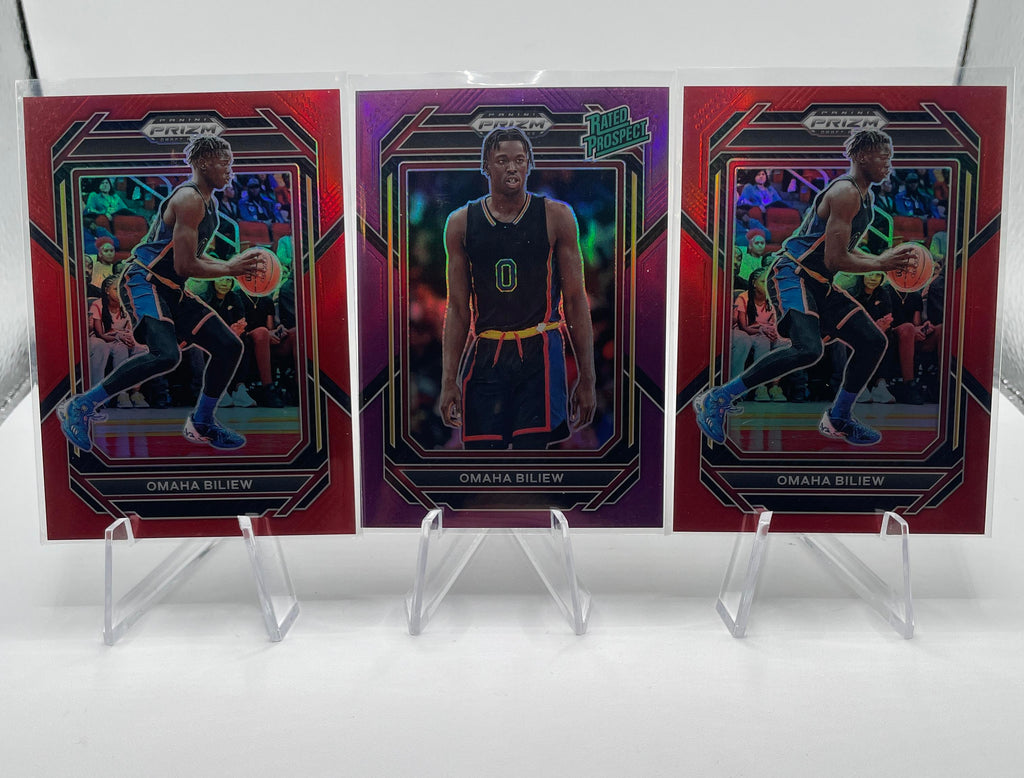 2023-24 Panini Prizm Draft Picks Omaha Biliew Purple /75 + Red Prizm (x2) /199