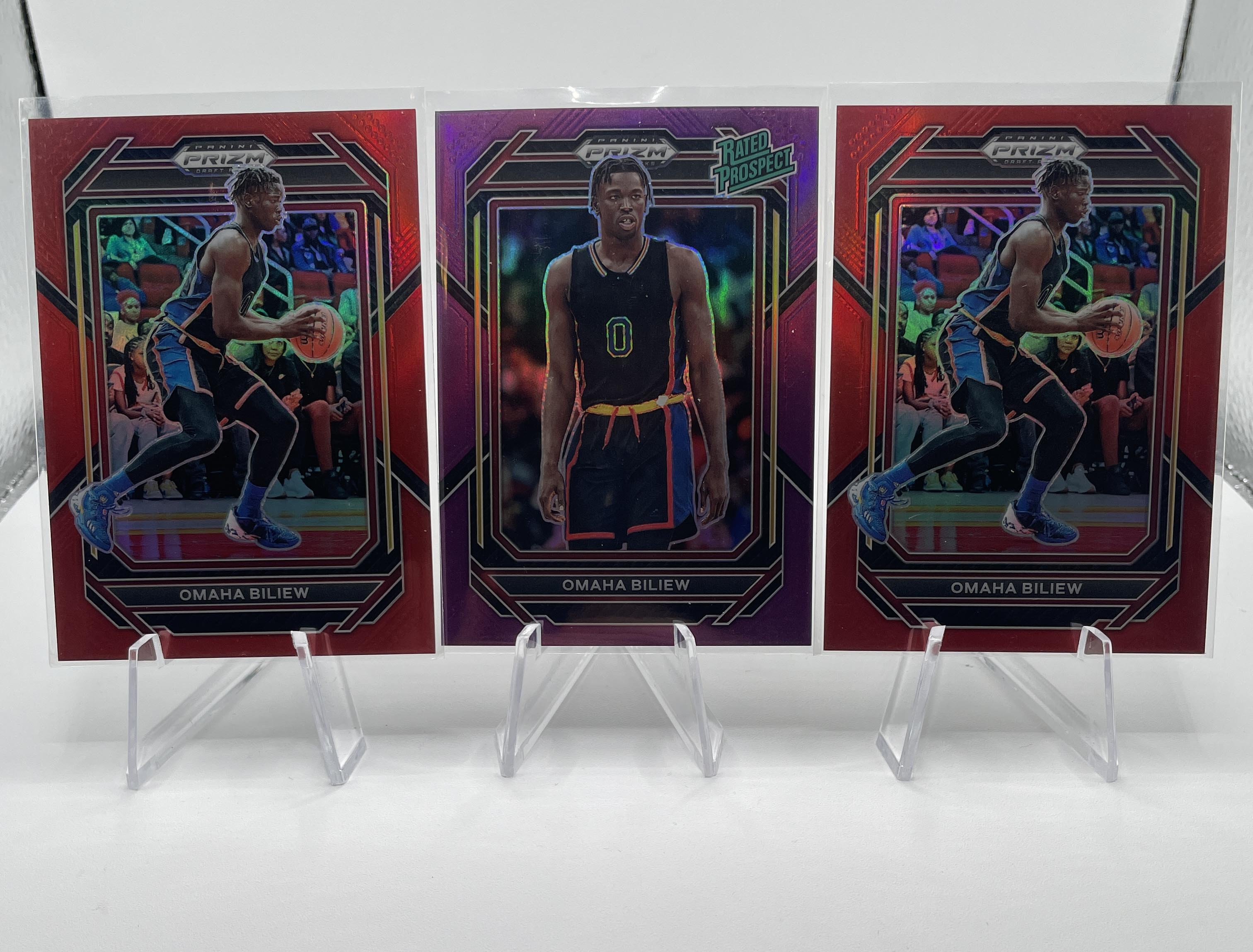 2023-24 Panini Prizm Draft Picks Omaha Biliew Purple /75 + Red Prizm (x2) /199