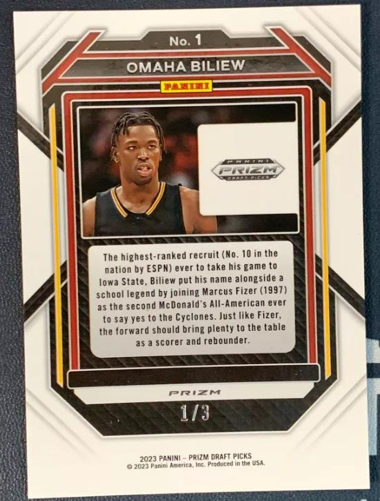 2023-24 Panini Prizm Draft Picks Omaha Biliew Rated Prospect Green Shimmer 1/3