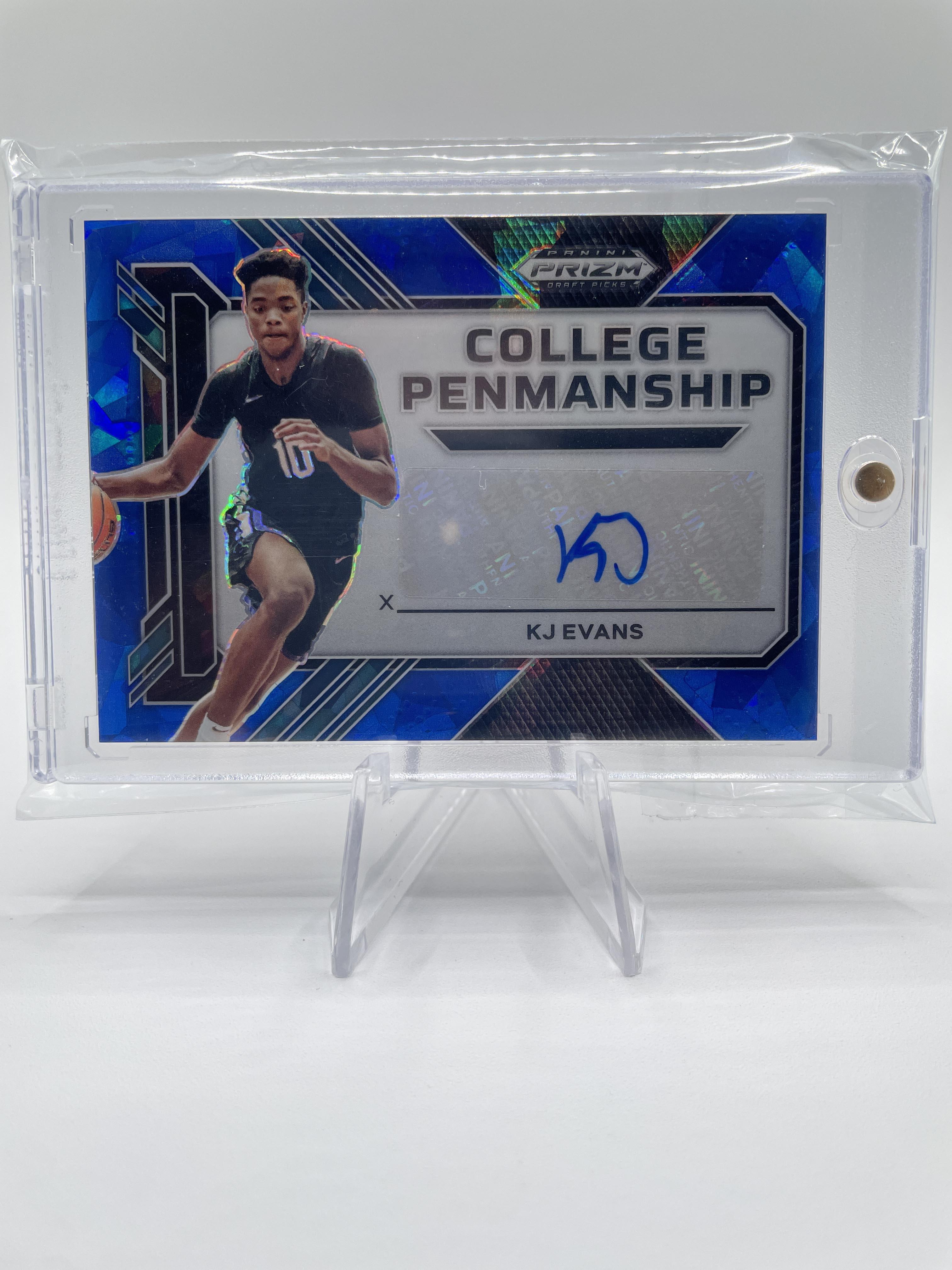 2023-24 Panini Prizm Kwame KJ Evans Penmanship Blue Prizm Rookie Auto /75