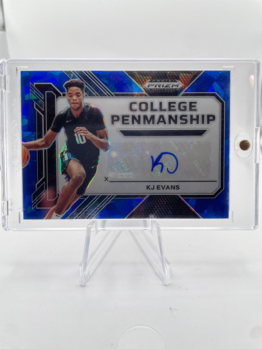 2023-24 Panini Prizm Kwame KJ Evans Penmanship Blue Prizm Rookie Auto /75