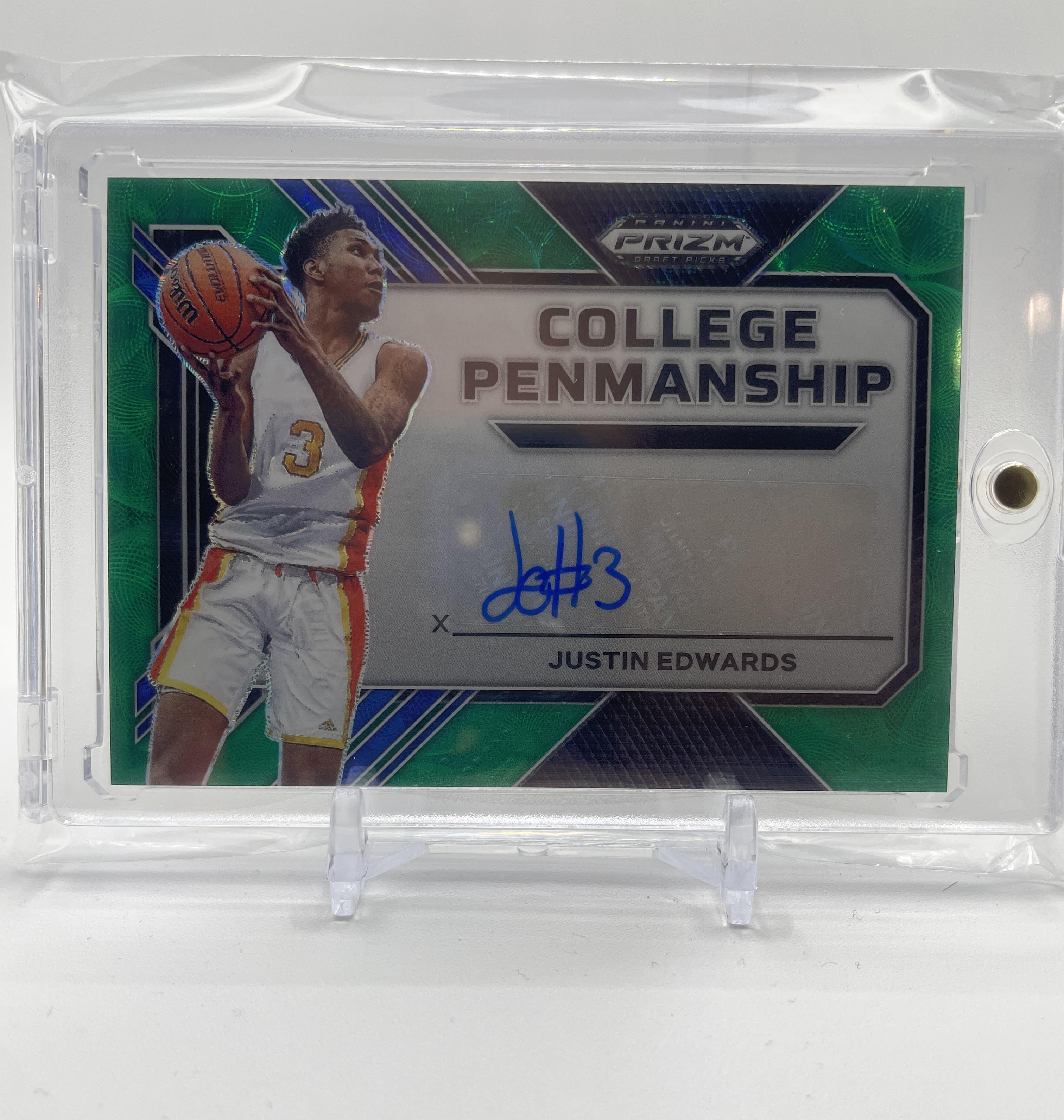 2023-24 Prizm Draft Picks Justin Edwards Penmanship Choice Green Auto /8