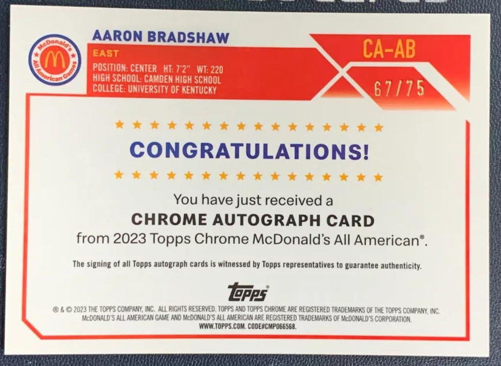 2023-24 Topps Mcdonald's Chrome Aaron Bradshaw Yellow Refractor Auto /75