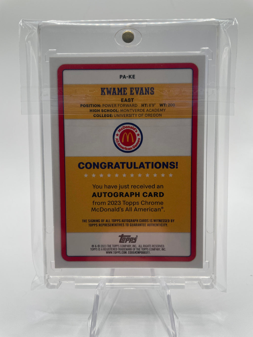 2023-24 Topps Mcdonald's Chrome Kwame KJ Evans Paper Gameday SP Auto
