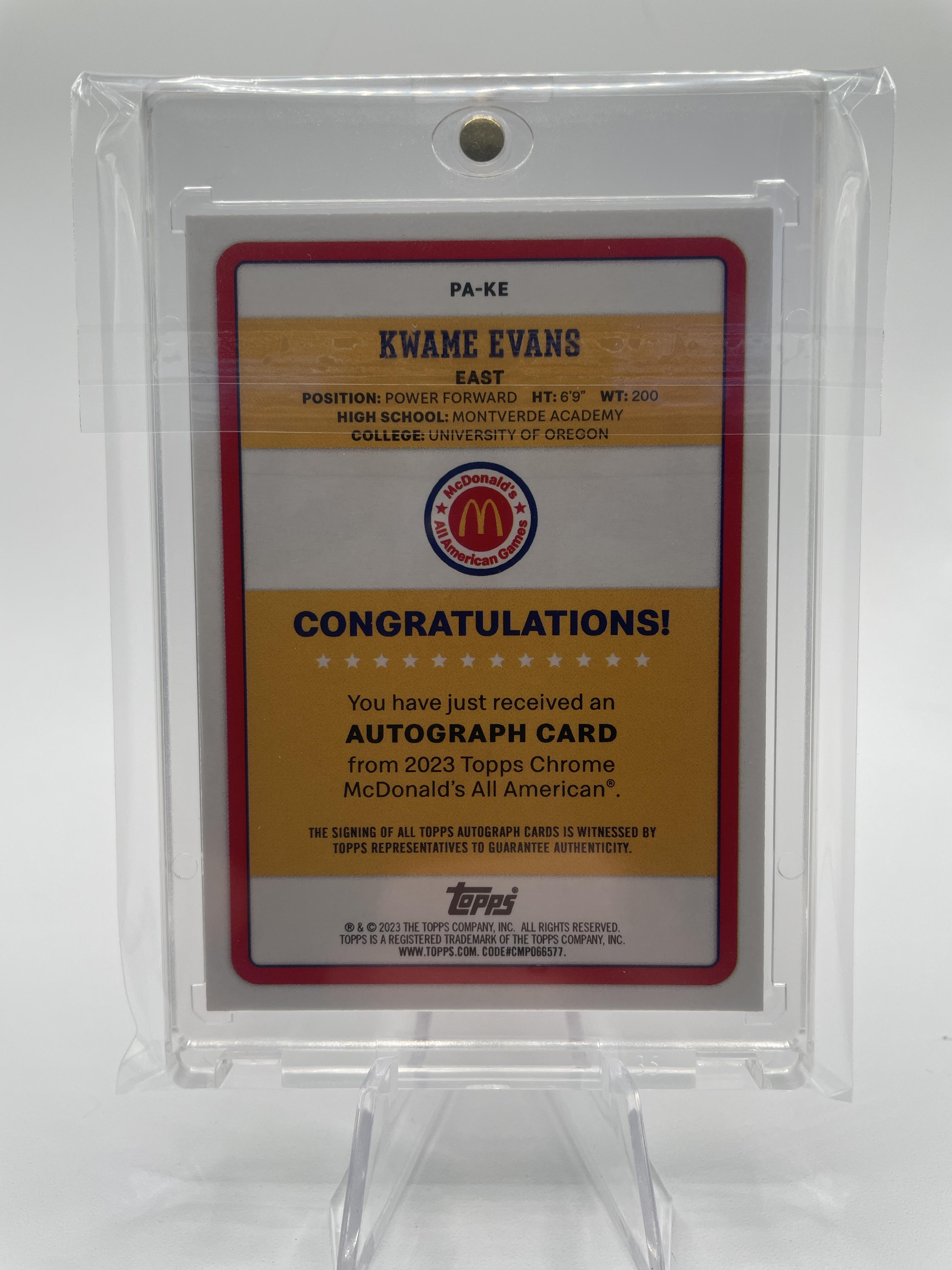 2023-24 Topps Mcdonald's Chrome Kwame KJ Evans Paper Gameday SP Auto
